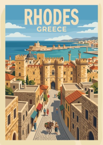 Travel poster of Rhodes Greece featuring stone medieval towers and a coastal harbor.