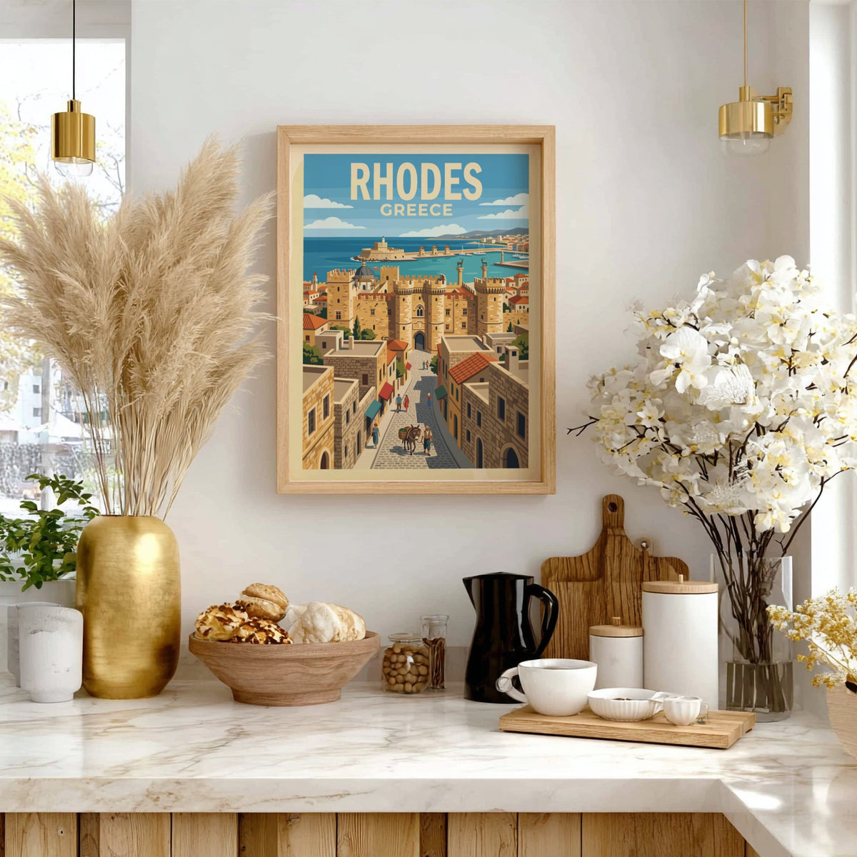 Travel poster of Rhodes Greece featuring stone medieval towers and a coastal harbor.