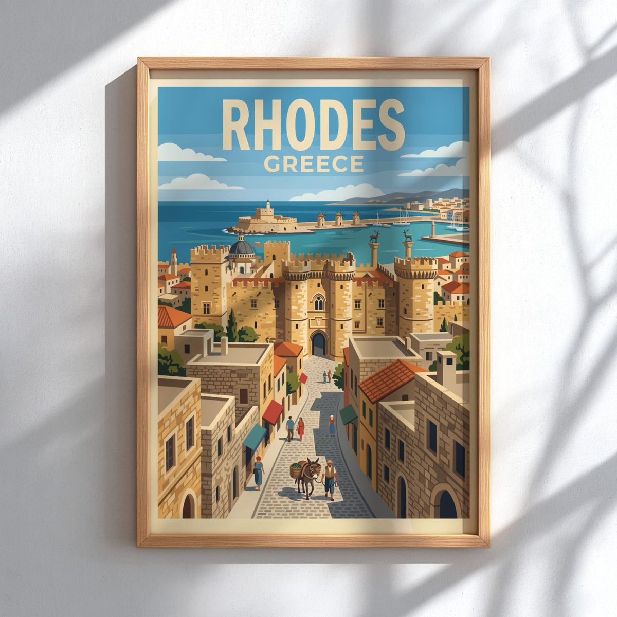 Travel poster of Rhodes Greece featuring stone medieval towers and a coastal harbor.
