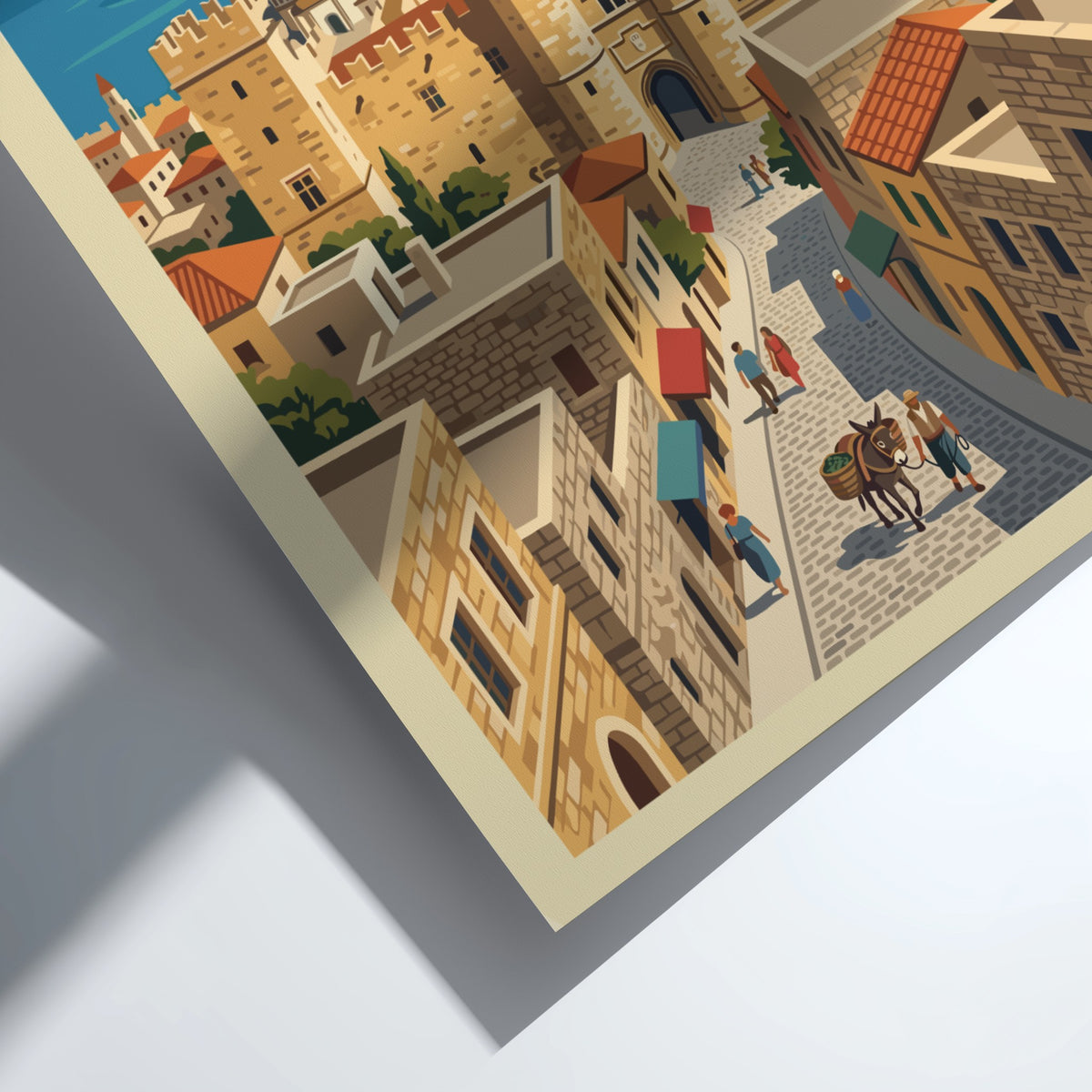 Travel poster of Rhodes Greece featuring stone medieval towers and a coastal harbor.