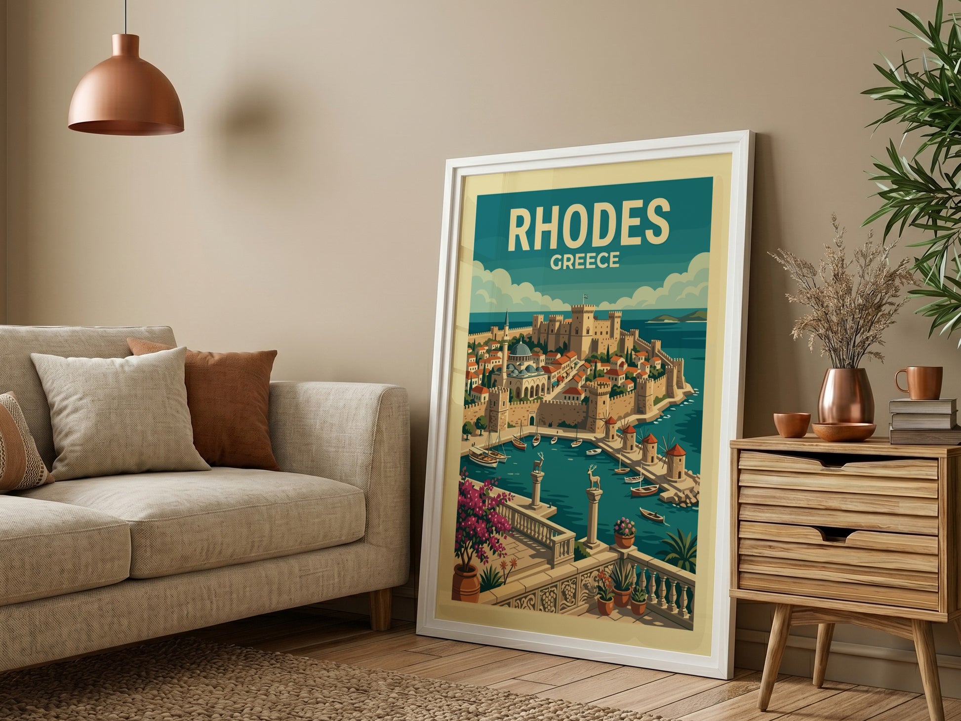 Vintage travel poster of Rhodes harbor, Greece, featuring a castle, windmills, and boats in blue and earth