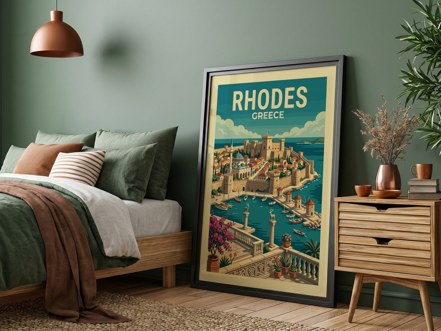 Vintage travel poster of Rhodes harbor, Greece, featuring a castle, windmills, and boats in blue and earth