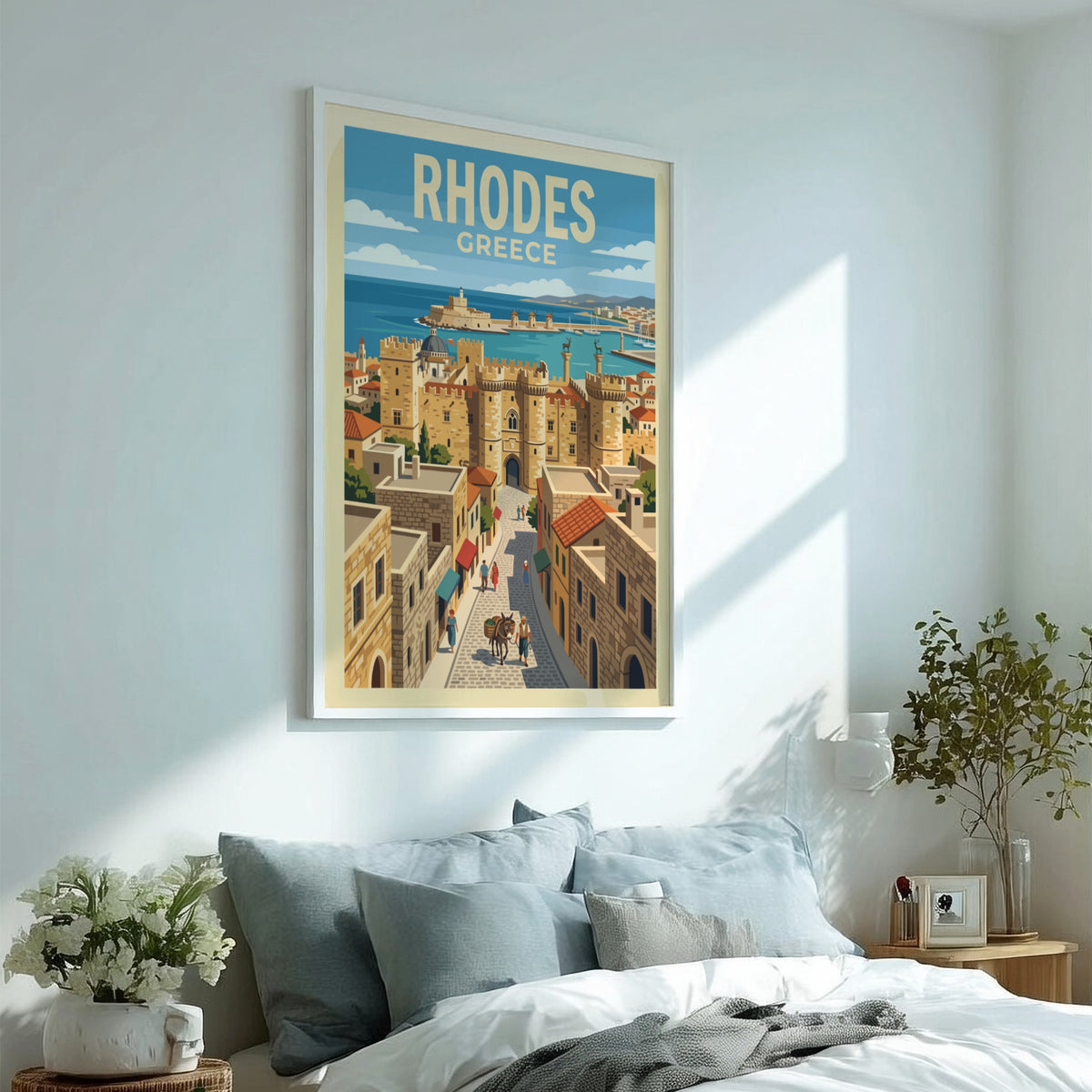 Travel poster of Rhodes Greece featuring stone medieval towers and a coastal harbor.
