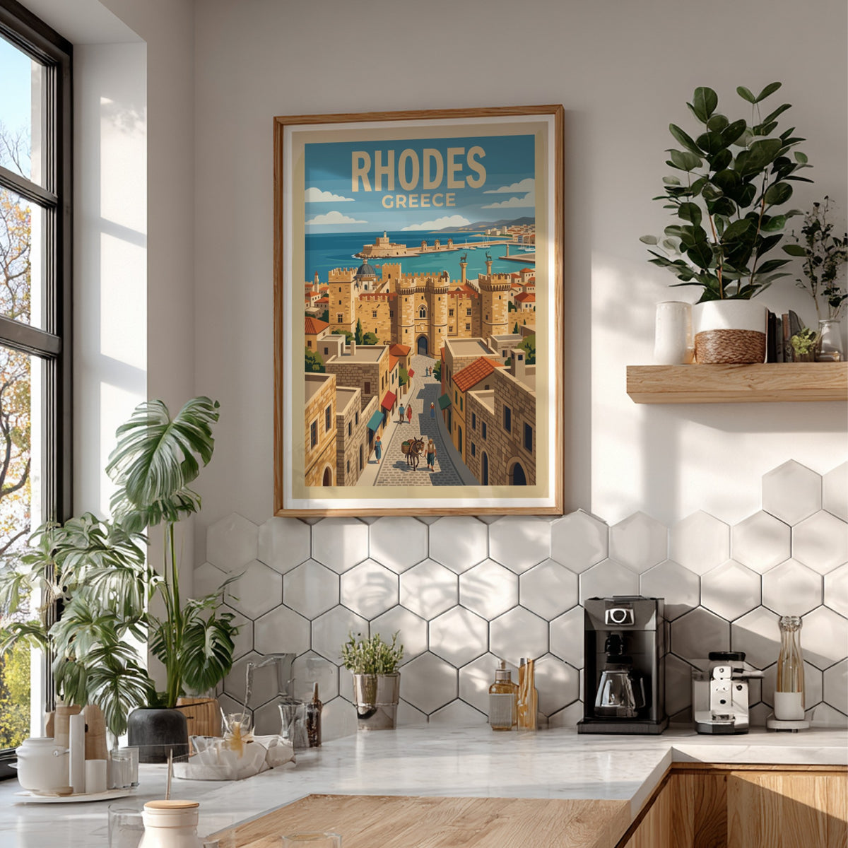 Travel poster of Rhodes Greece featuring stone medieval towers and a coastal harbor.