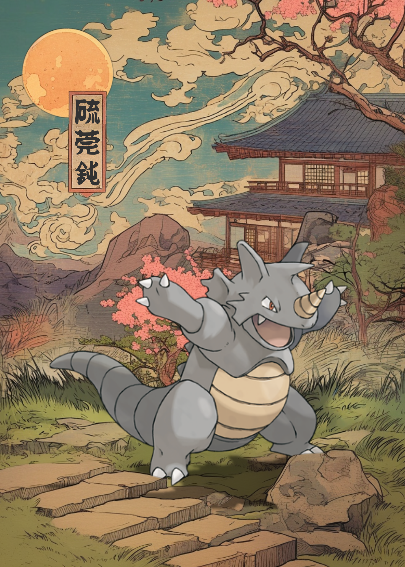 Rhydon Pokemon in a traditional Japanese setting with a temple and cherry blossoms.