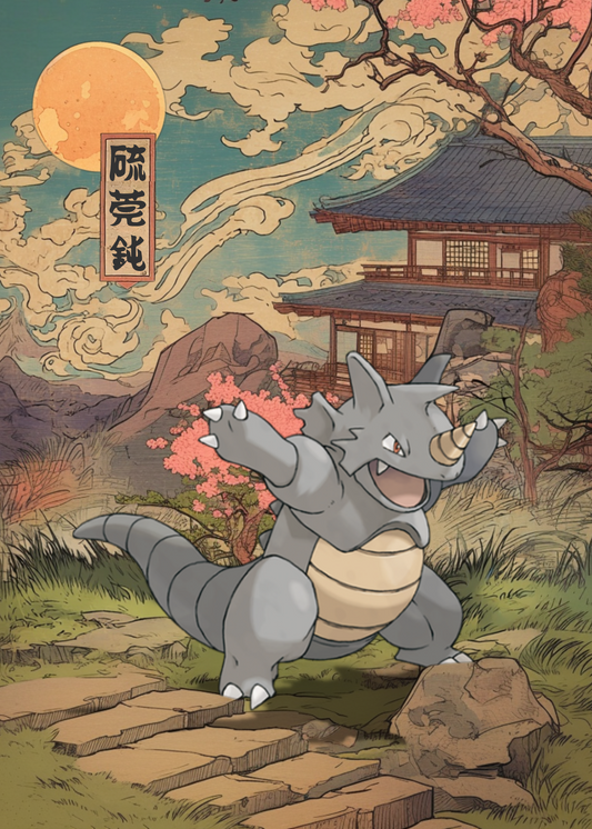 Rhydon Pokemon in a traditional Japanese setting with a temple and cherry blossoms.