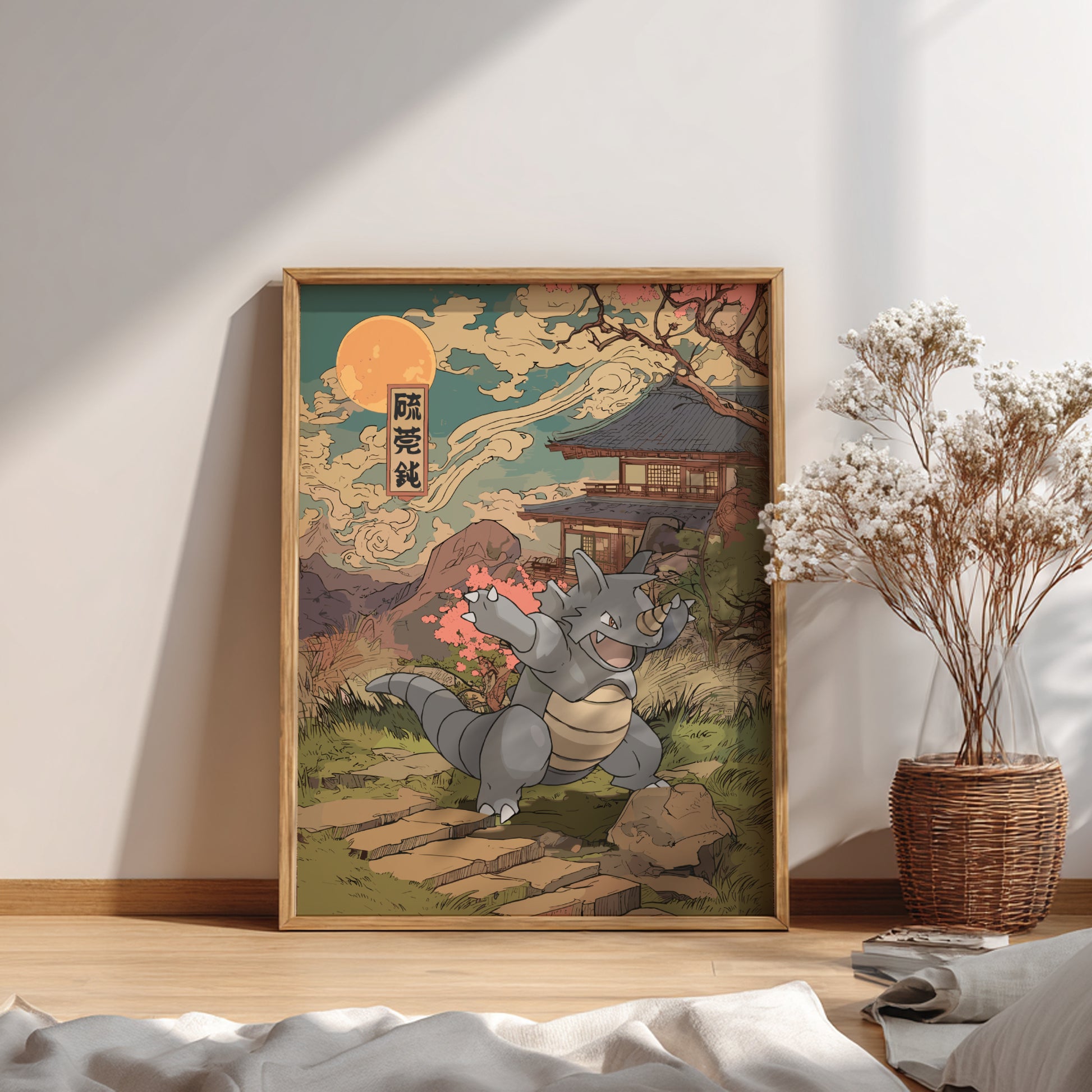 Framed artwork of a stylized Rhydon Pokemon  in a Japanese-inspired setting on a wall.
