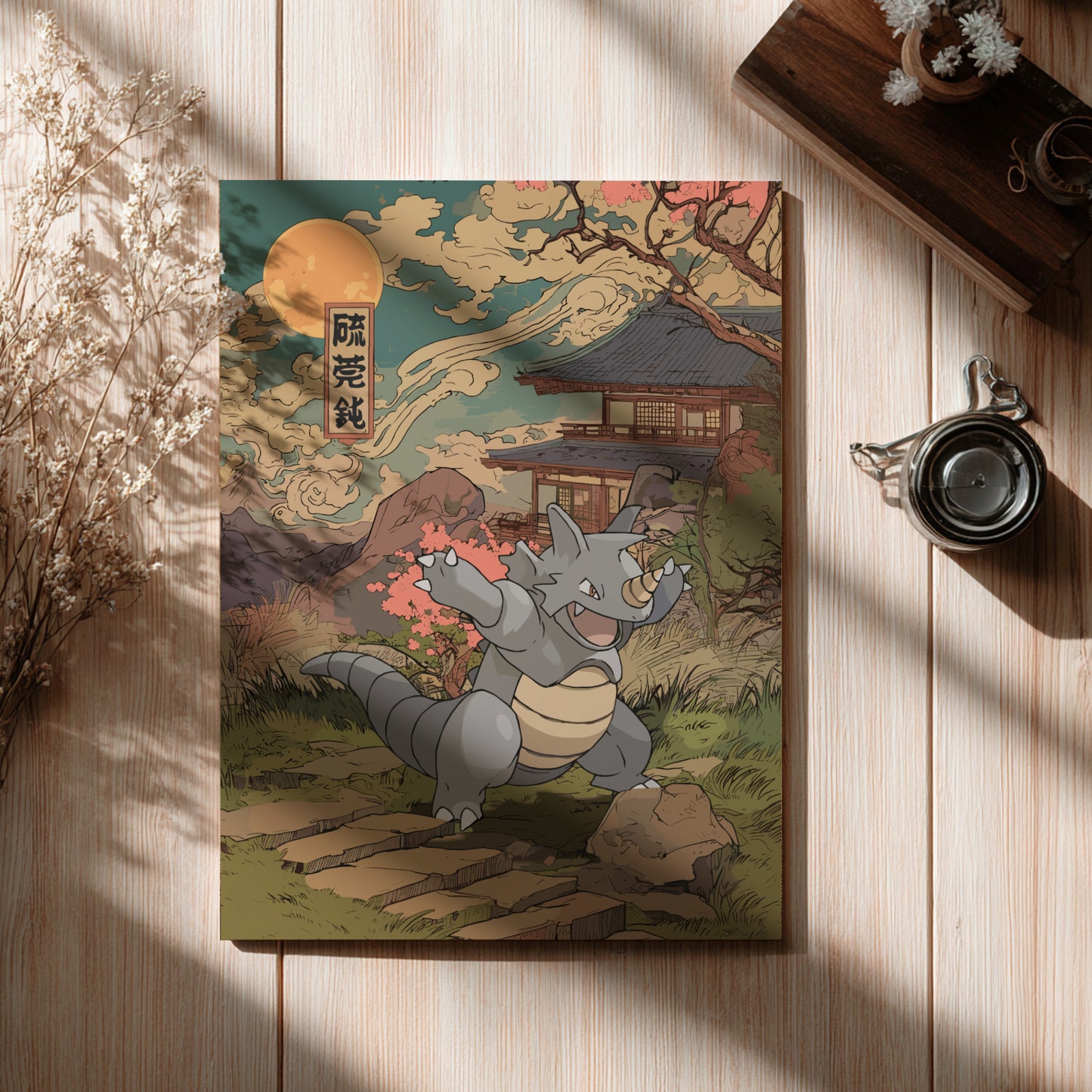Canvas print of a Rhydon Pokemon in a traditional Japanese setting on a wooden surface.