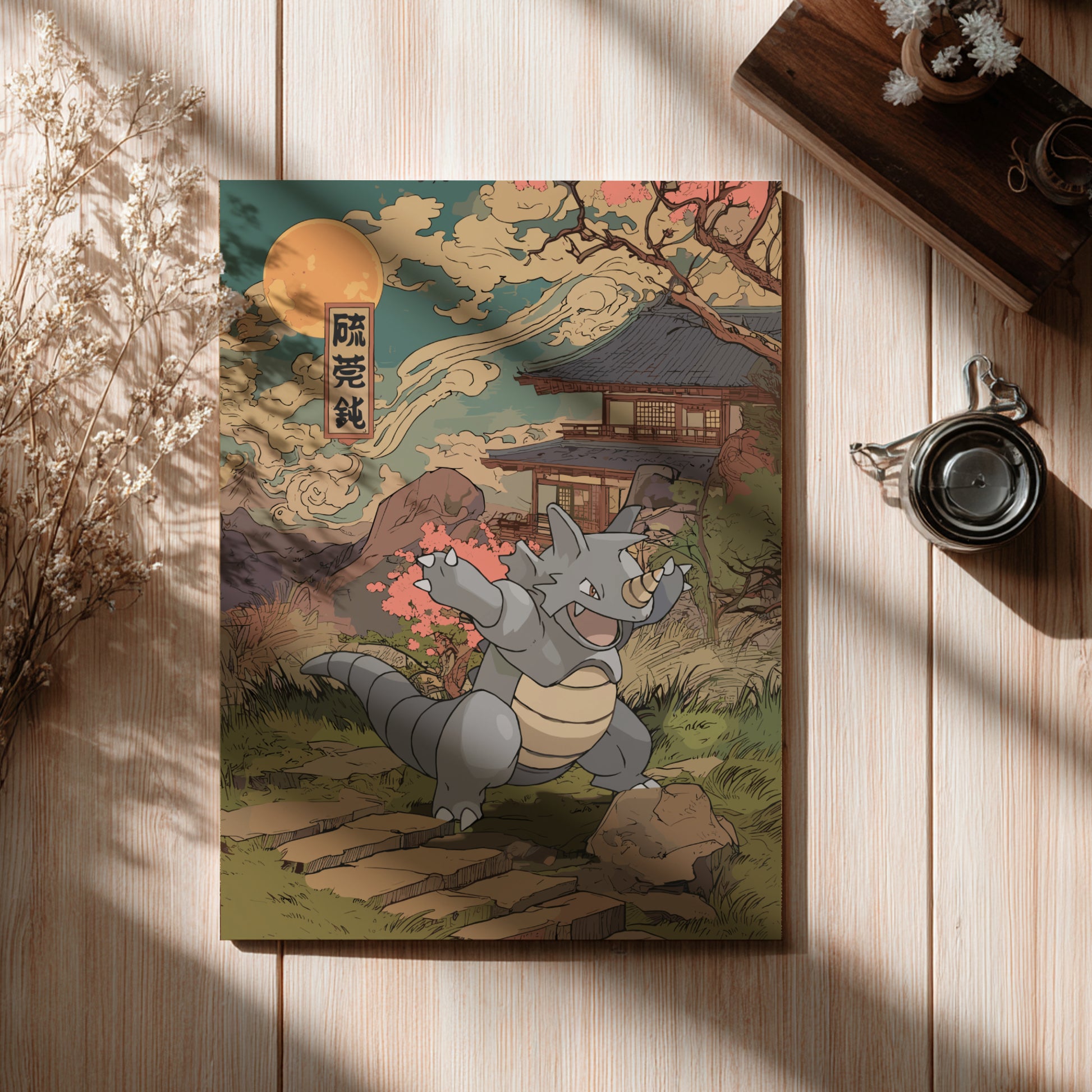 Canvas print of a Rhydon Pokemon in a traditional Japanese setting on a wooden surface.