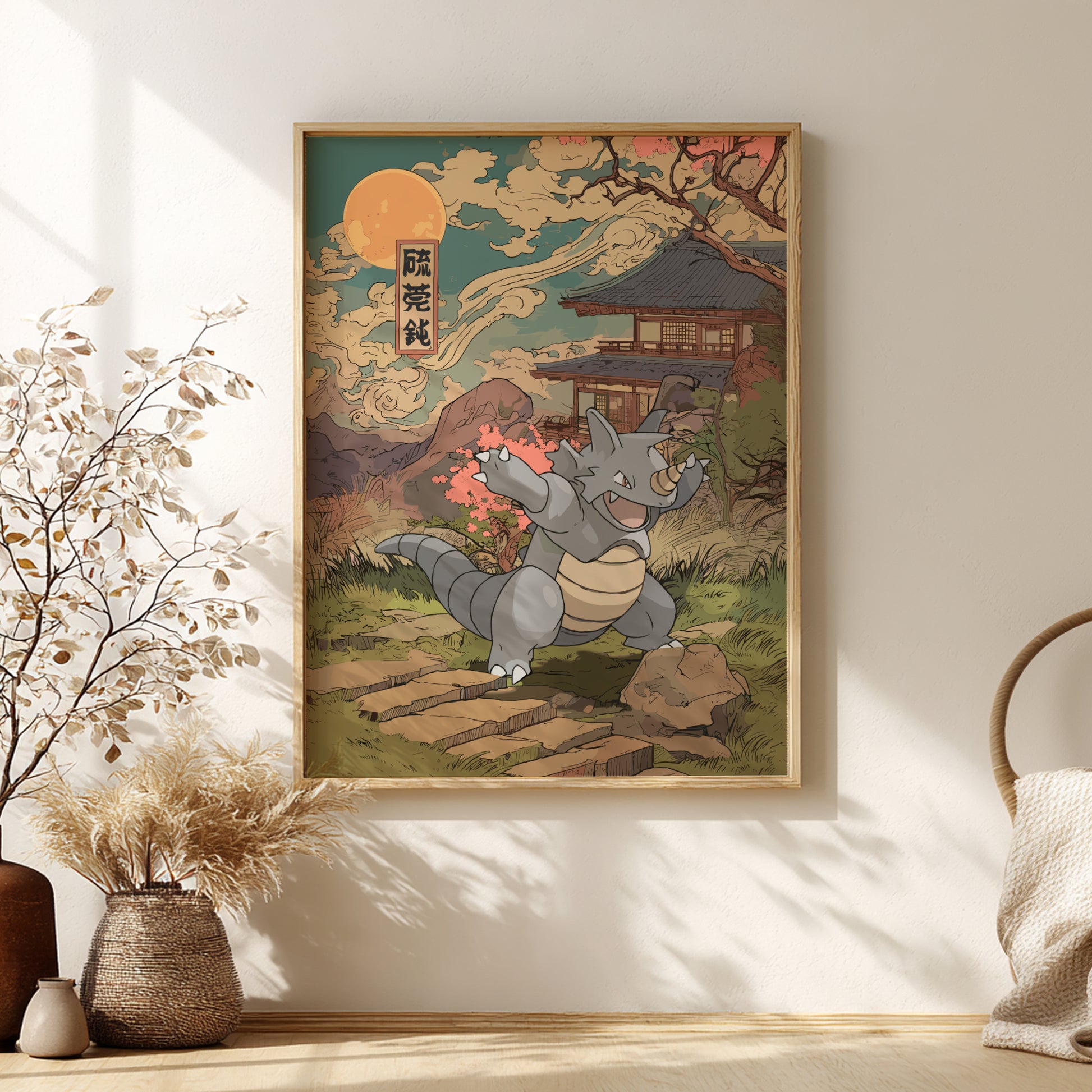 Framed artwork of Rhydon Pokemon in a traditional Japanese setting on a wall.