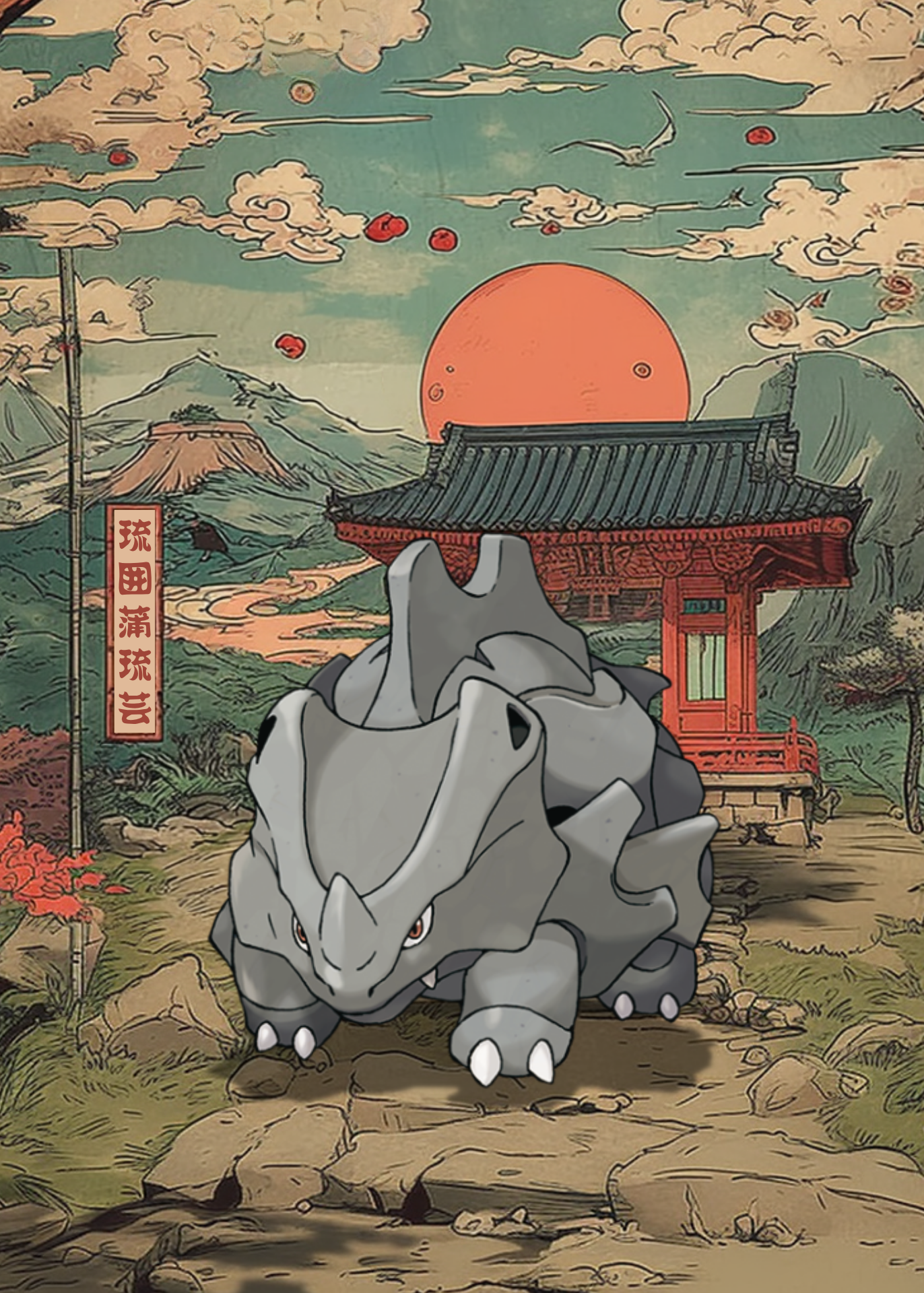 Rhyhorn Pokemon in a Japanese-style landscape with a temple and mountain.