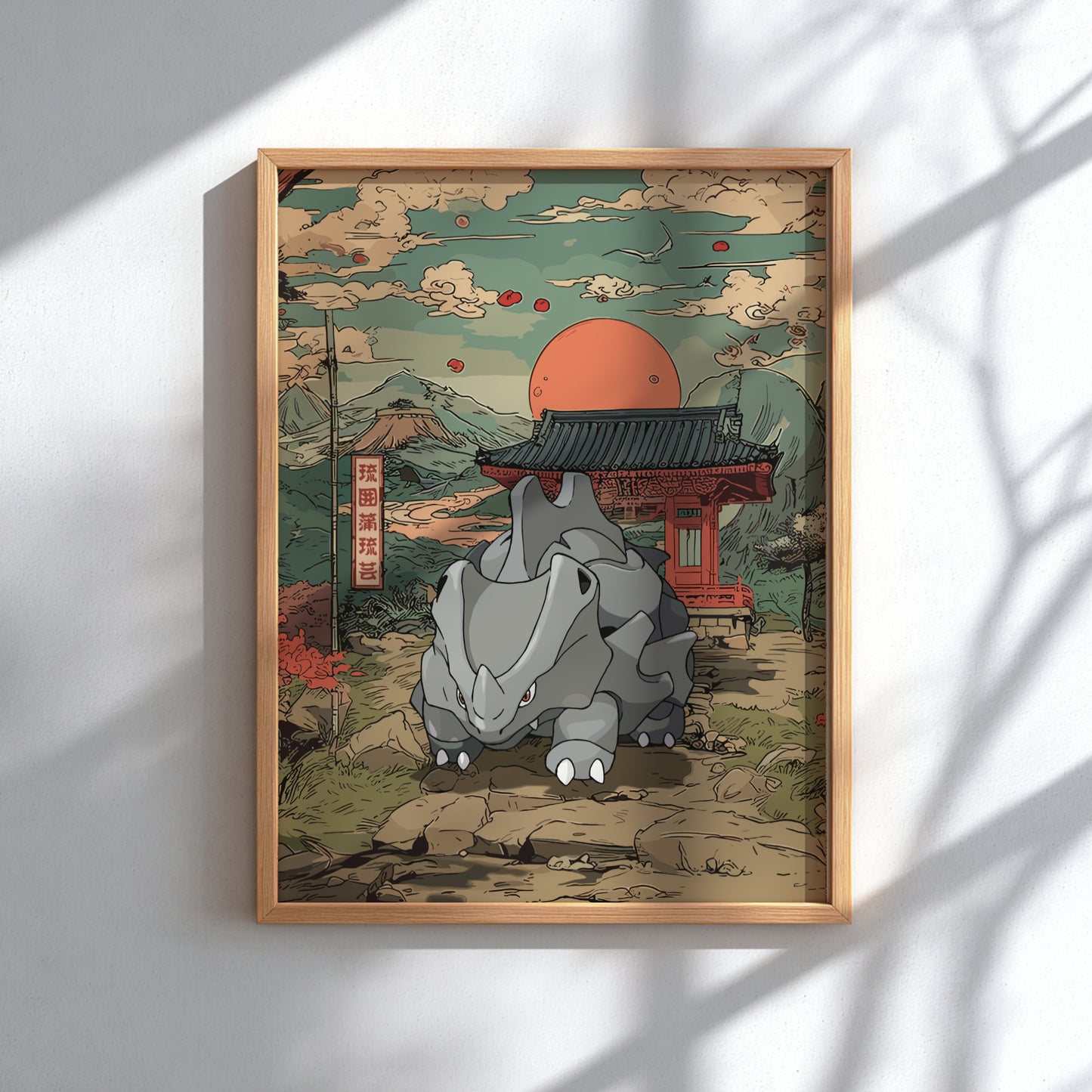 Framed artwork of Rhyhorn Pokemon in a traditional Japanese setting with a wooden frame.