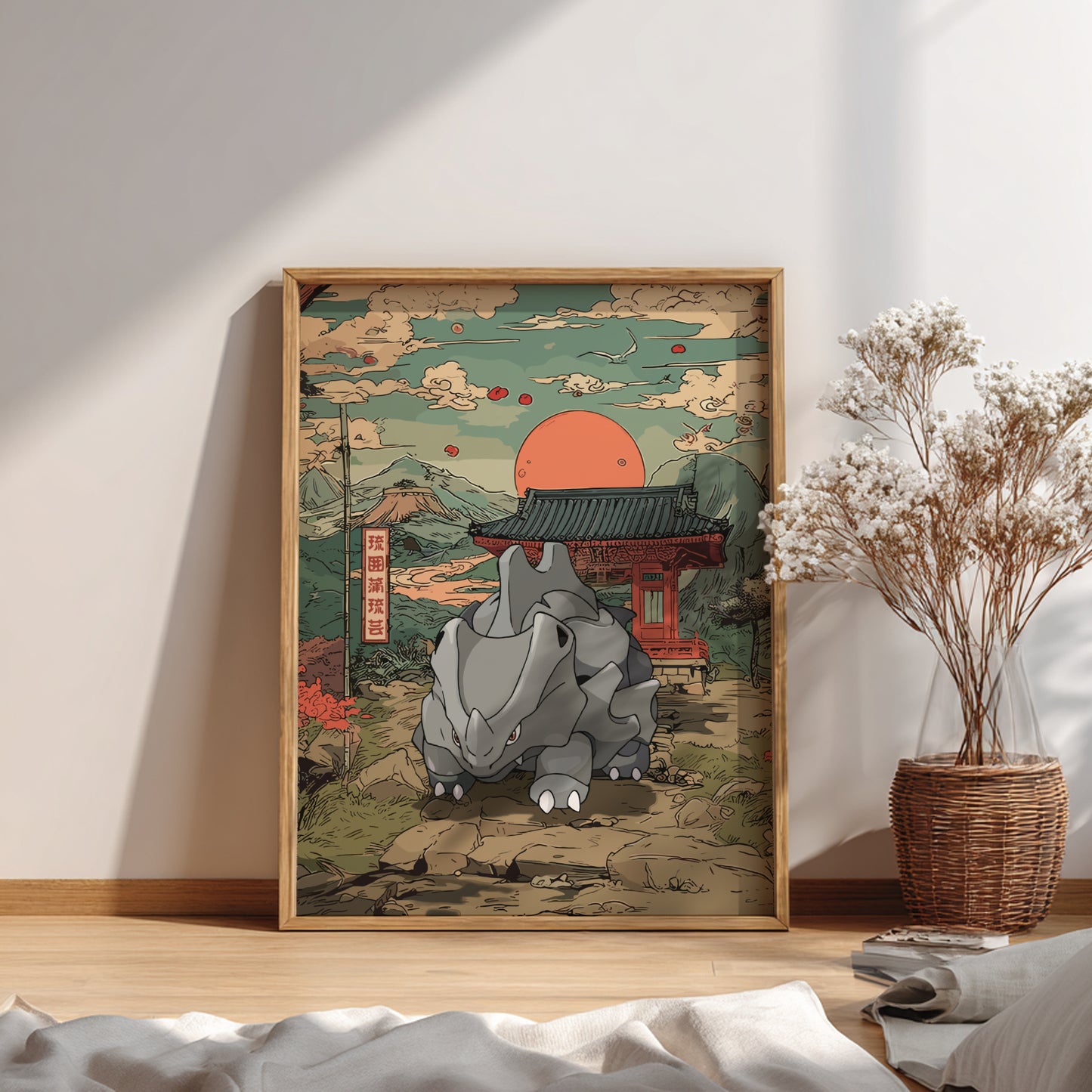 Framed artwork of Rhyhorn Pokemon in a traditional Japanese setting on a wall.
