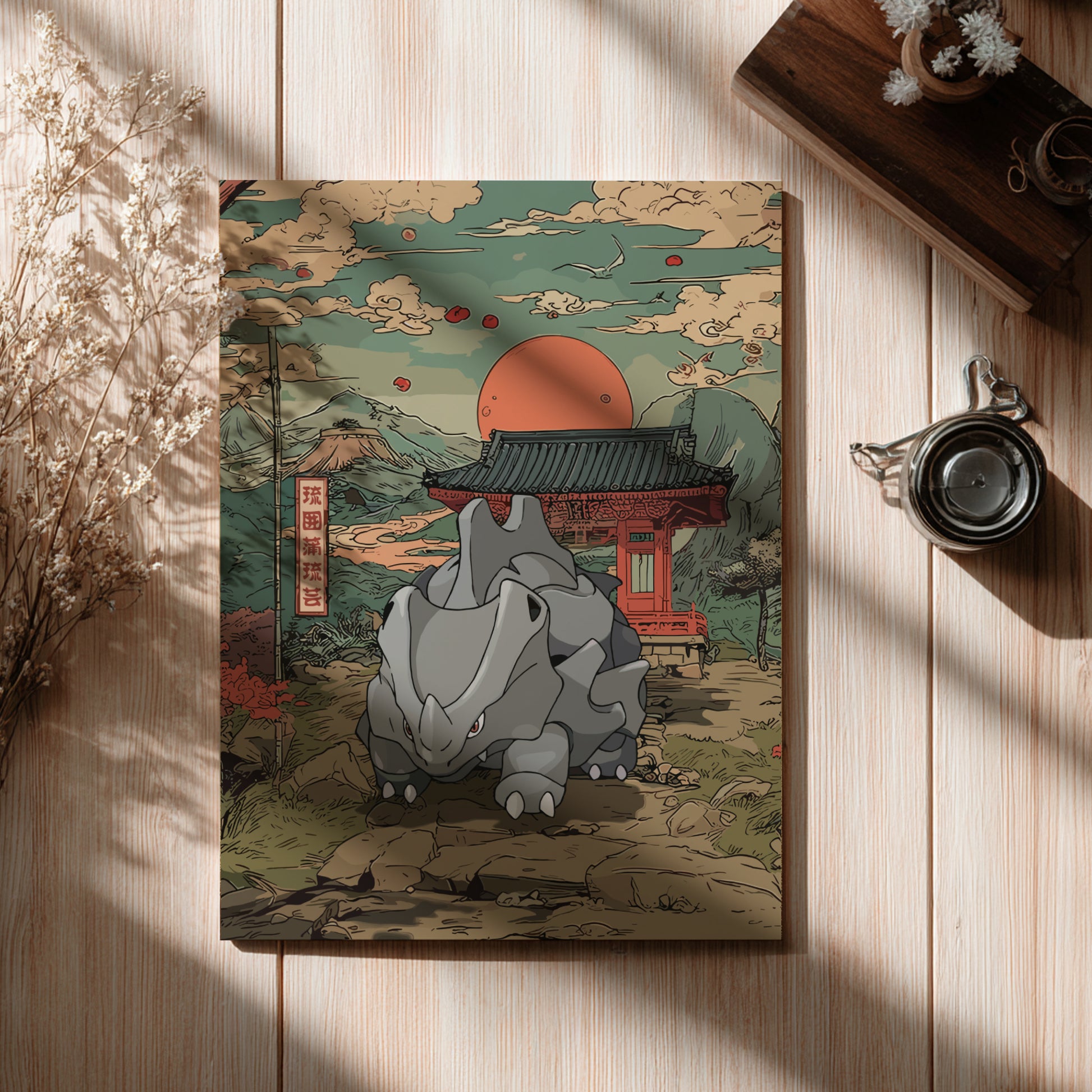 Canvas print with a stylized illustration of Rhyhorn Pokemon in front of a traditional Japanese building on a wooden surface.