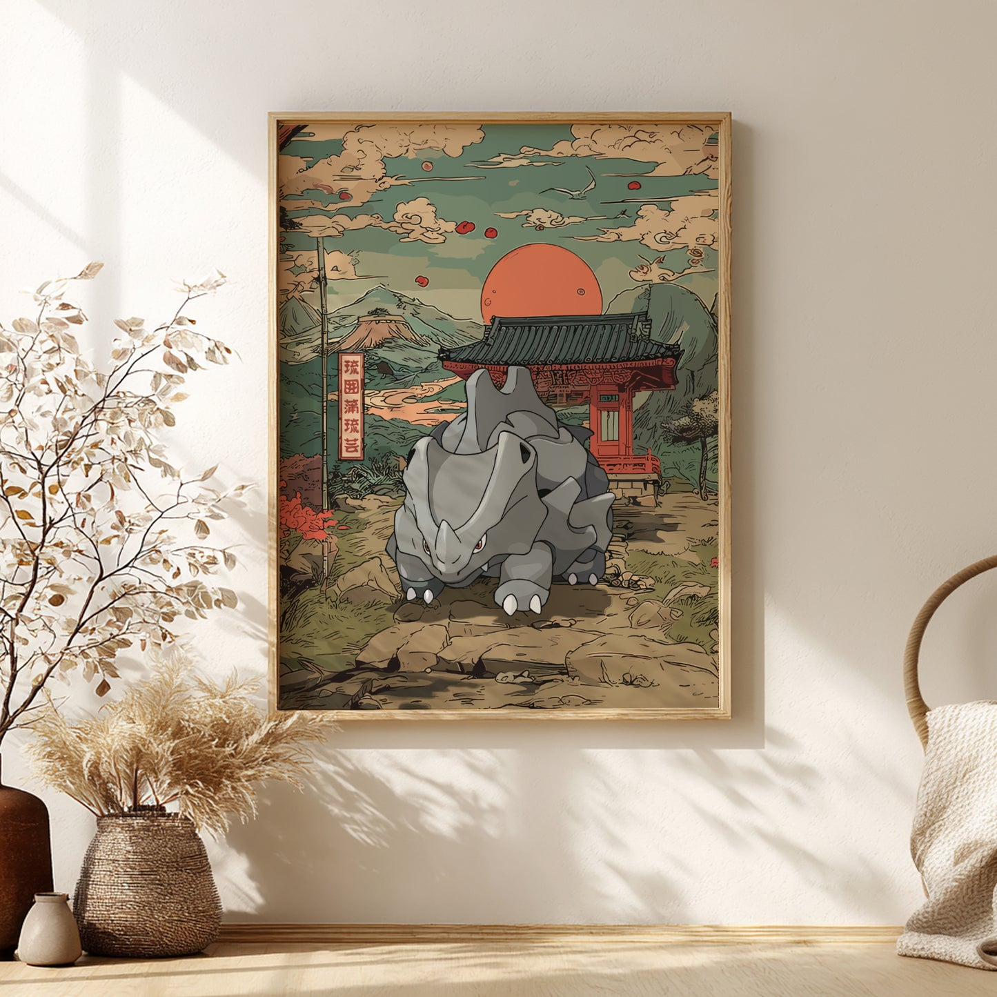 Framed artwork of Rhyhorn Pokemon in a traditional Japanese setting on a wall.