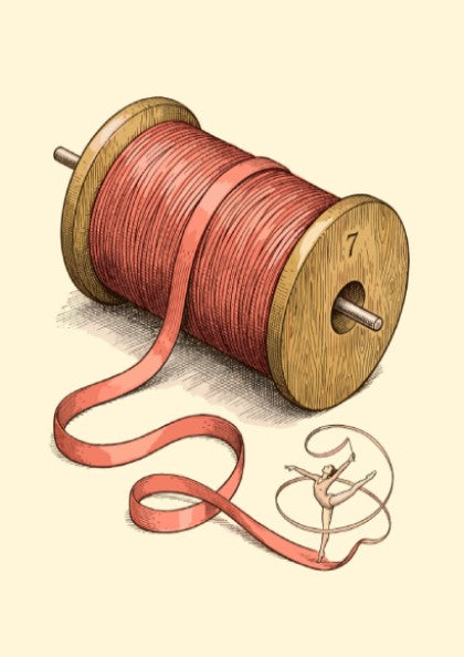 Poster featuring a rhythmic gymnast dancing on a long ribbon from a spool.