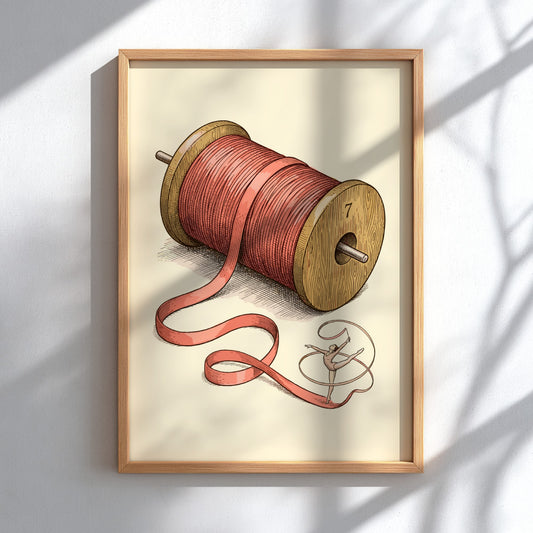 Poster featuring a rhythmic gymnast dancing on a long ribbon from a spool.