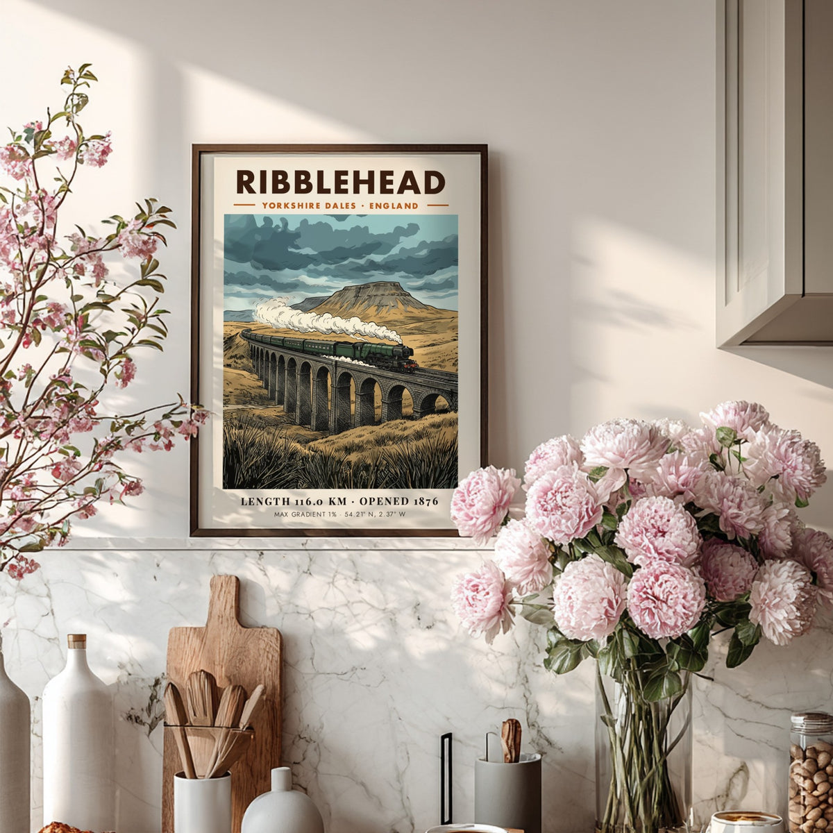 Poster of a steam train crossing the Ribblehead Viaduct in the Yorkshire Dales.