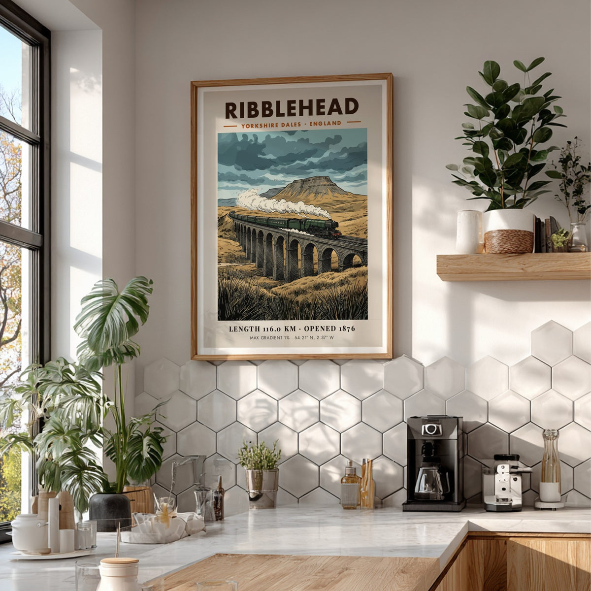 Poster of a steam train crossing the Ribblehead Viaduct in the Yorkshire Dales.