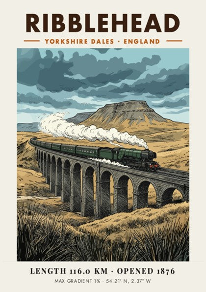 Poster of a steam train crossing the Ribblehead Viaduct in the Yorkshire Dales.