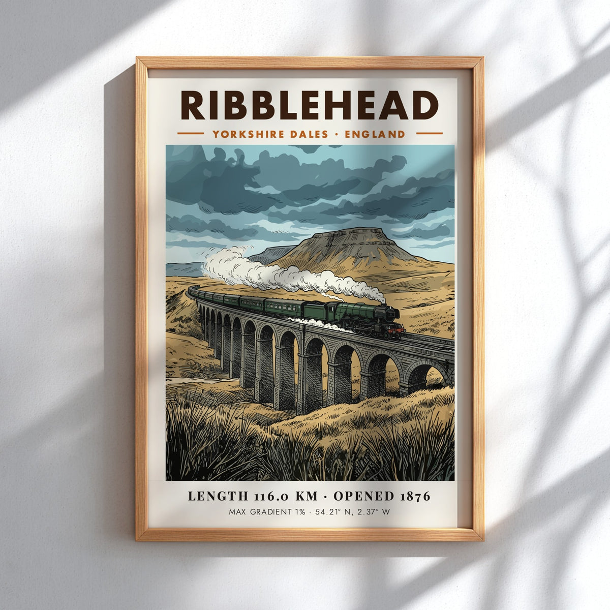 Poster of a steam train crossing the Ribblehead Viaduct in the Yorkshire Dales.