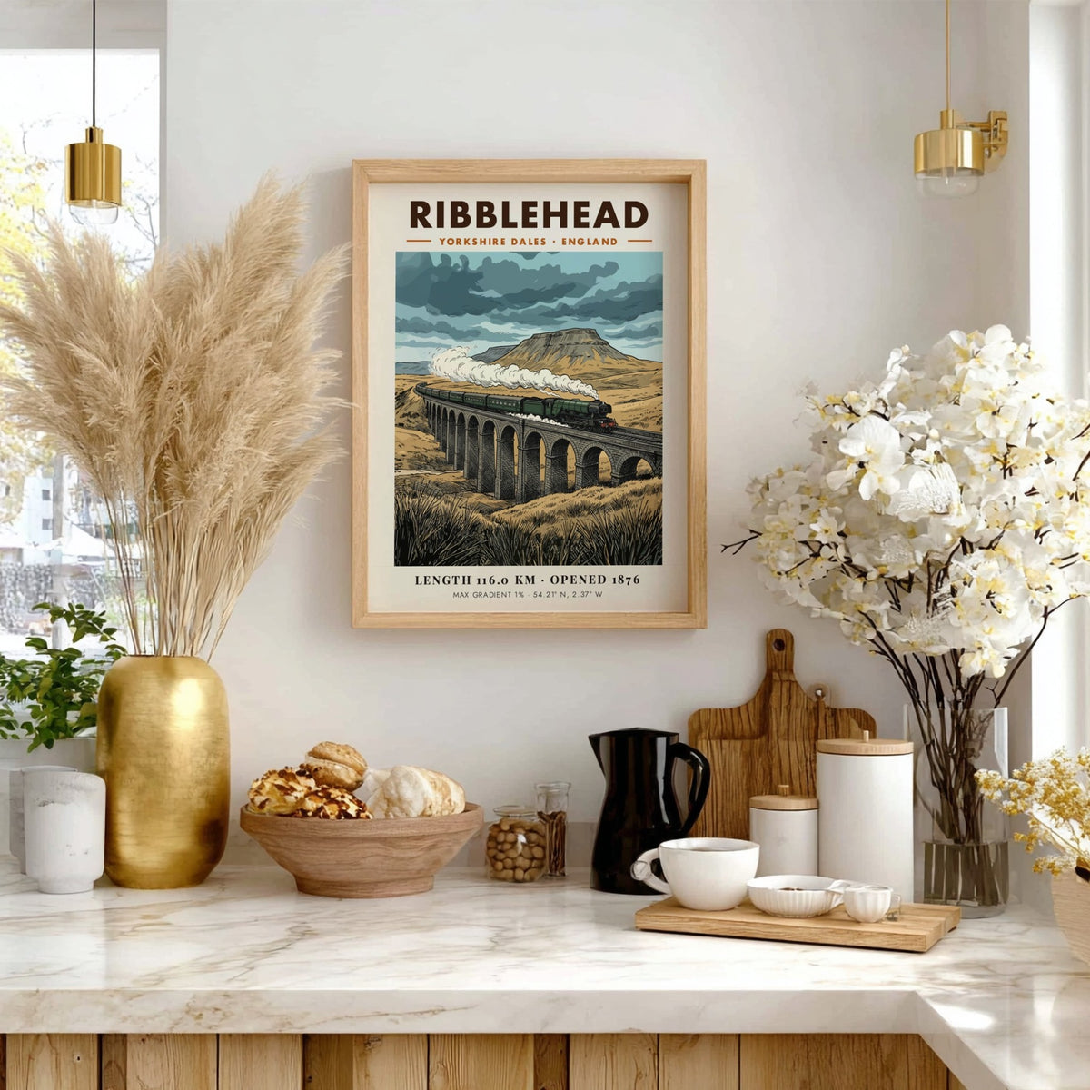 Poster of a steam train crossing the Ribblehead Viaduct in the Yorkshire Dales.