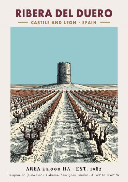 Poster featuring a stone tower overlooking Ribera Del Duero vineyard rows in Spain.
