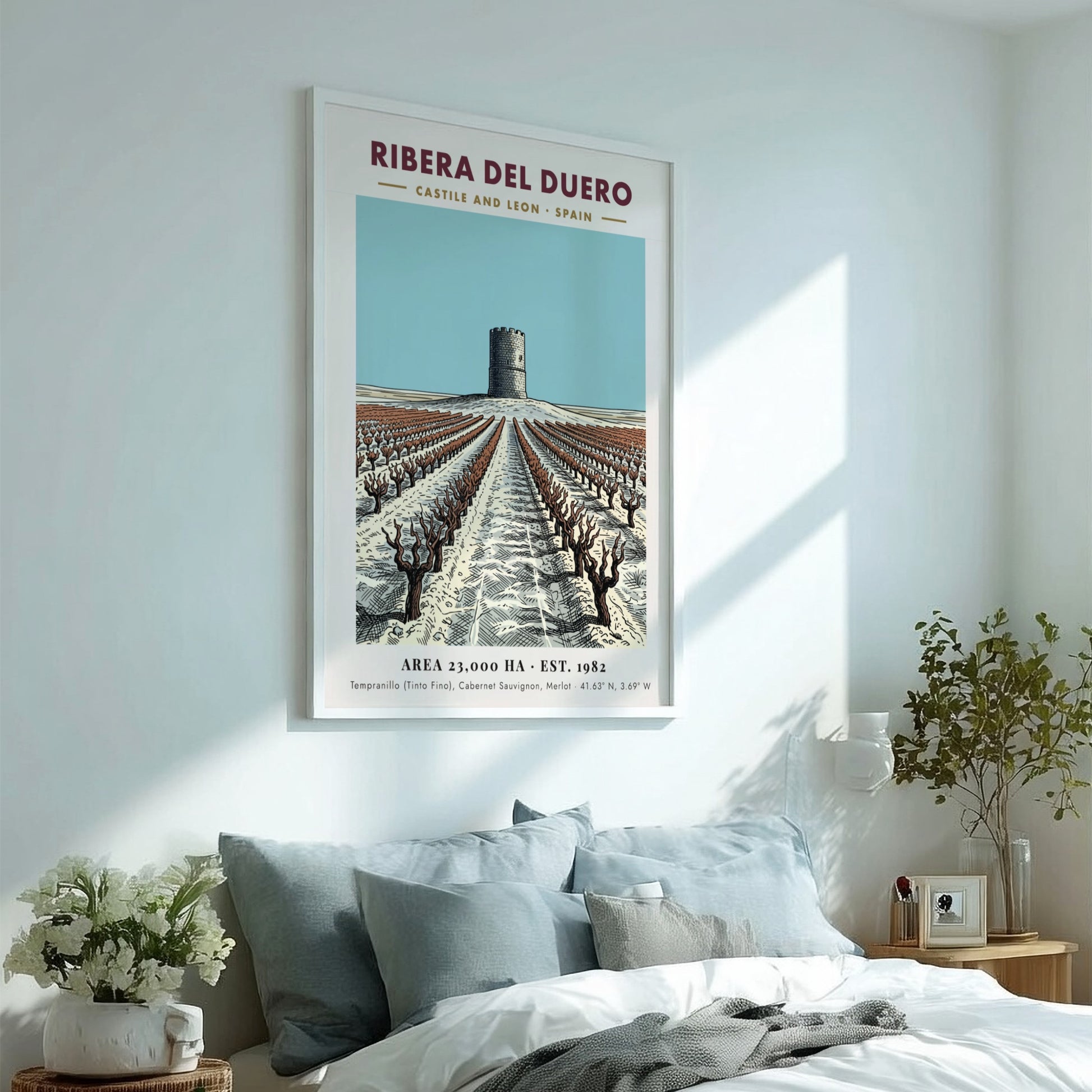 Poster featuring a stone tower overlooking Ribera Del Duero vineyard rows in Spain.