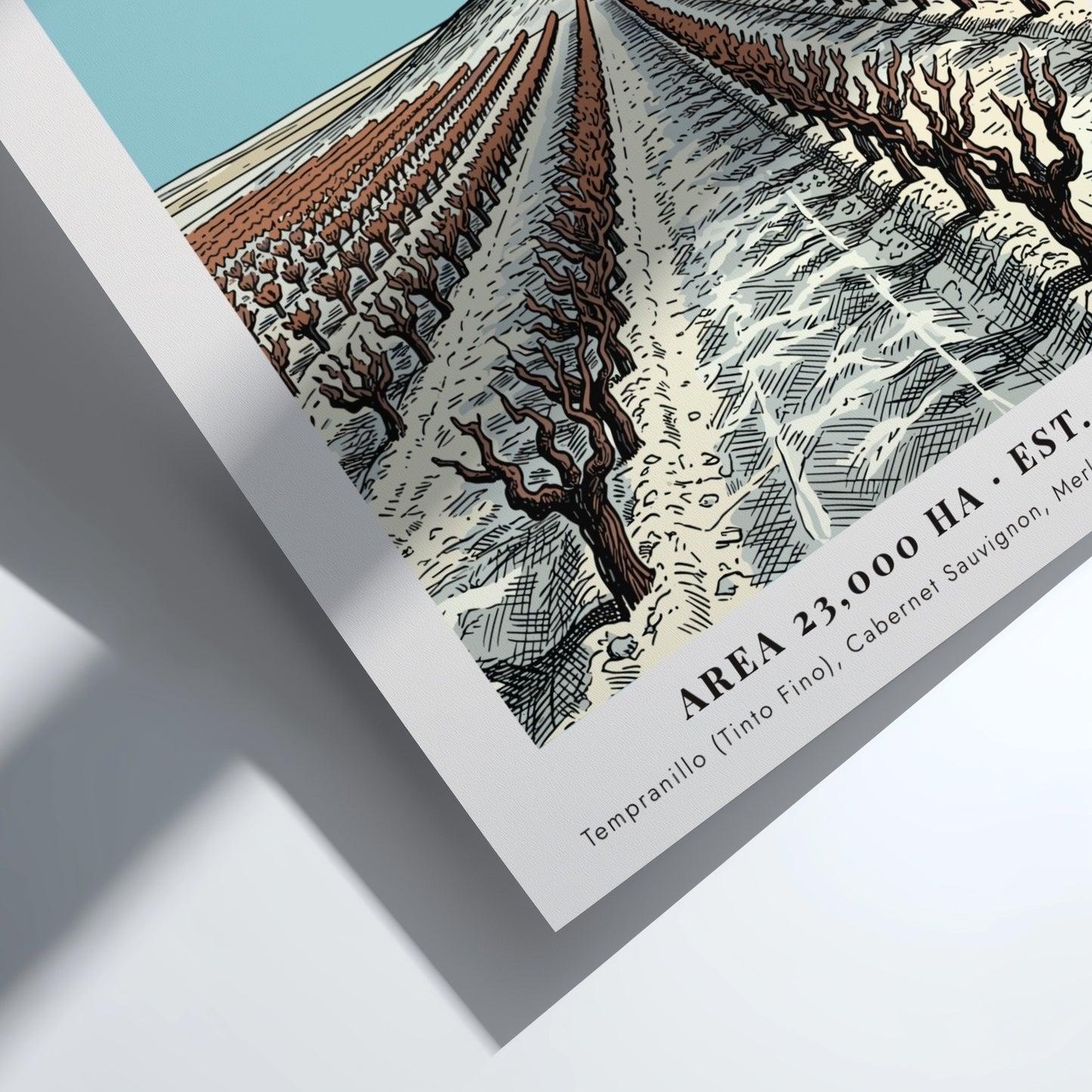 Poster featuring a stone tower overlooking Ribera Del Duero vineyard rows in Spain.