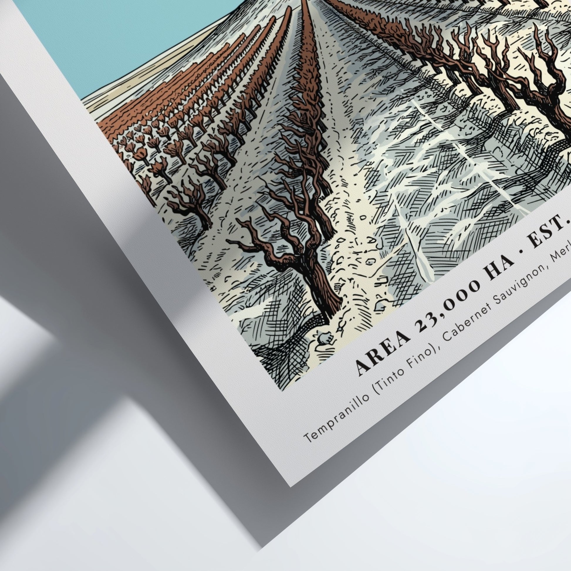 Poster featuring a stone tower overlooking Ribera Del Duero vineyard rows in Spain.