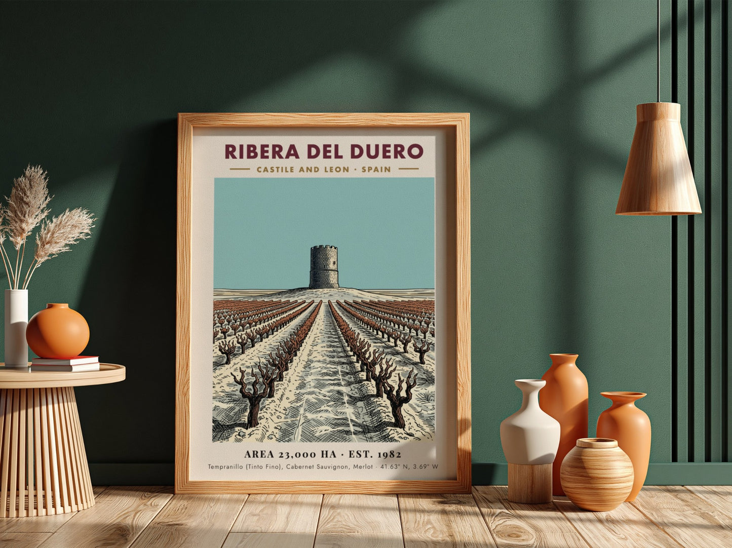 Poster featuring a stone tower overlooking Ribera Del Duero vineyard rows in Spain.