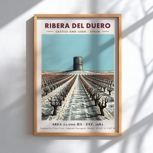 Poster featuring a stone tower overlooking Ribera Del Duero vineyard rows in Spain.