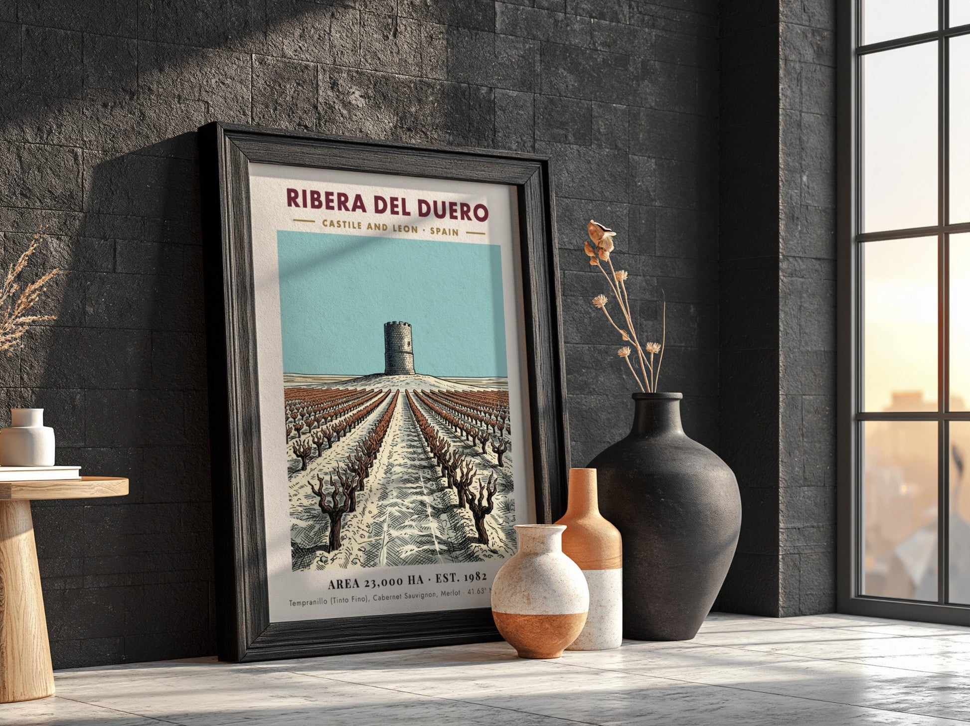 Poster featuring a stone tower overlooking Ribera Del Duero vineyard rows in Spain.