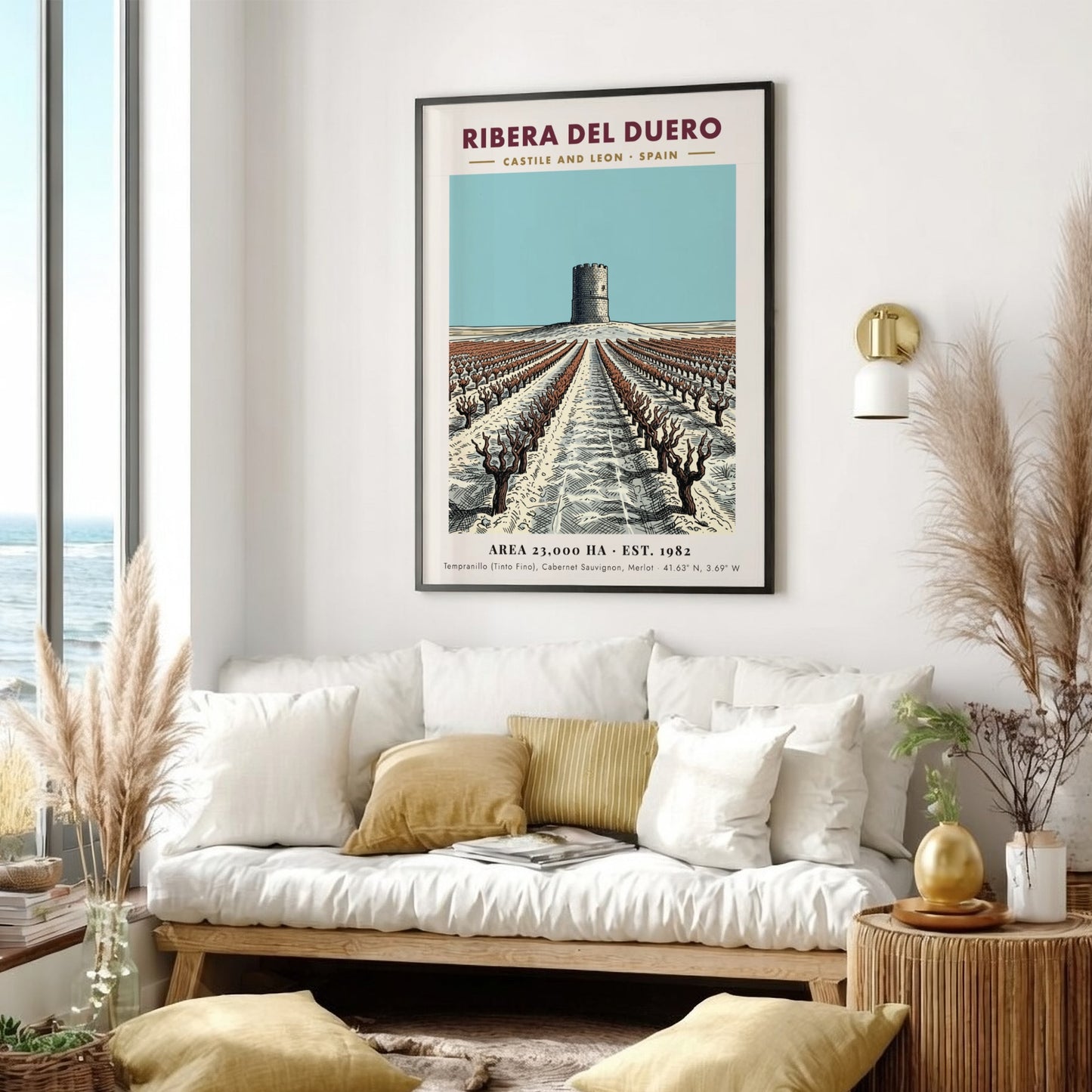 Poster featuring a stone tower overlooking Ribera Del Duero vineyard rows in Spain.