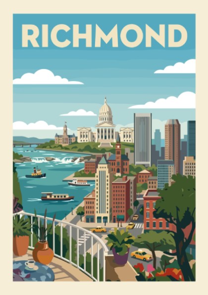 Richmond cityscape poster with skyline, river, and buildings in a colorful, graphic illustration style.