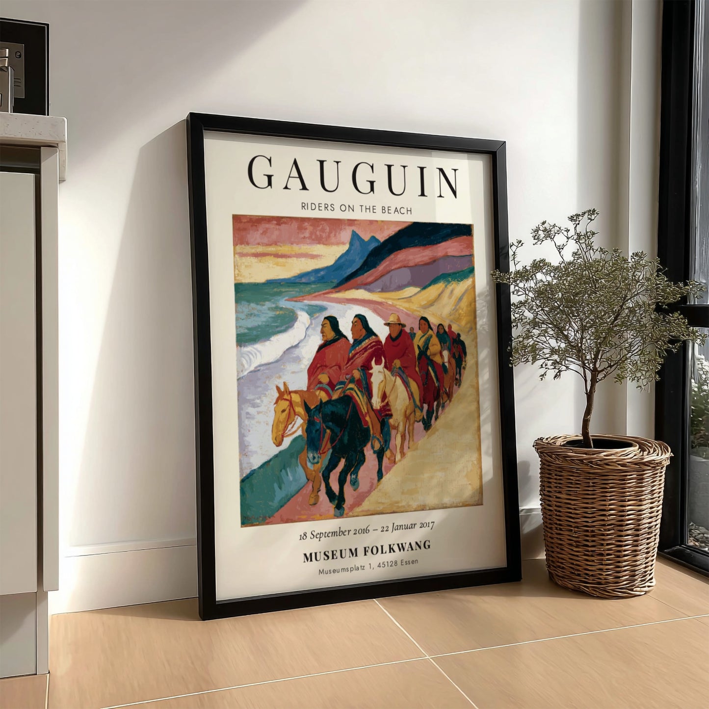 Gauguin exhibition poster featuring Riders on the Beach with vibrant colors and coastal scene