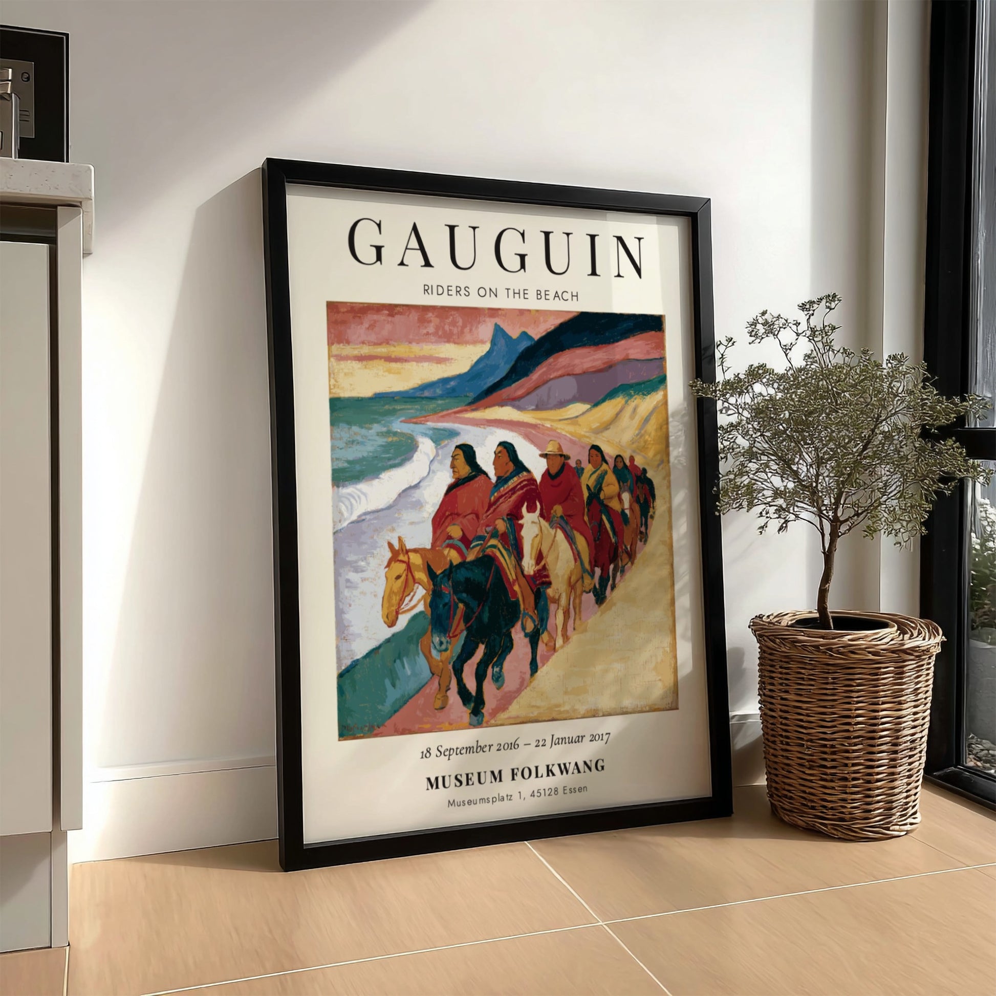 Gauguin exhibition poster featuring Riders on the Beach with vibrant colors and coastal scene