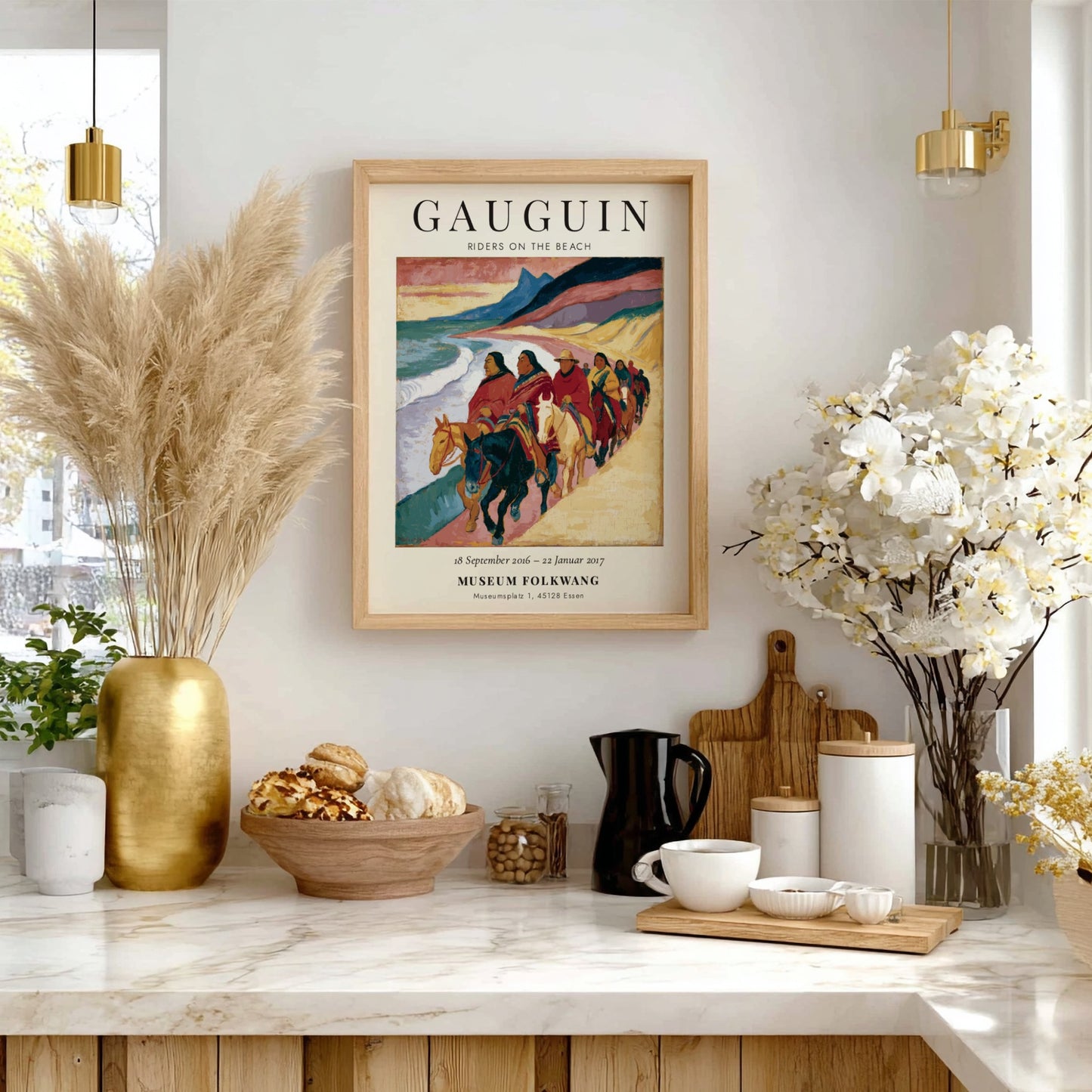 Gauguin exhibition poster featuring Riders on the Beach with vibrant colors and coastal scene