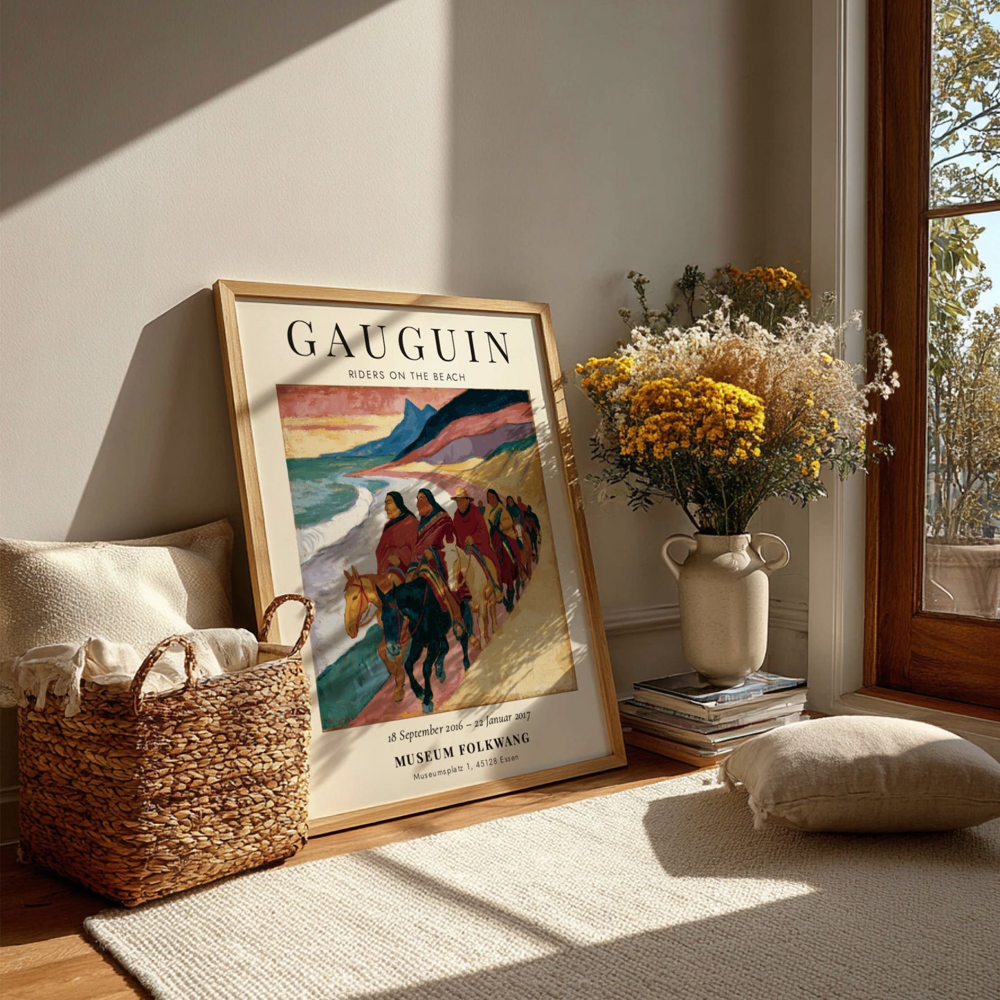 Gauguin exhibition poster featuring Riders on the Beach with vibrant colors and coastal scene