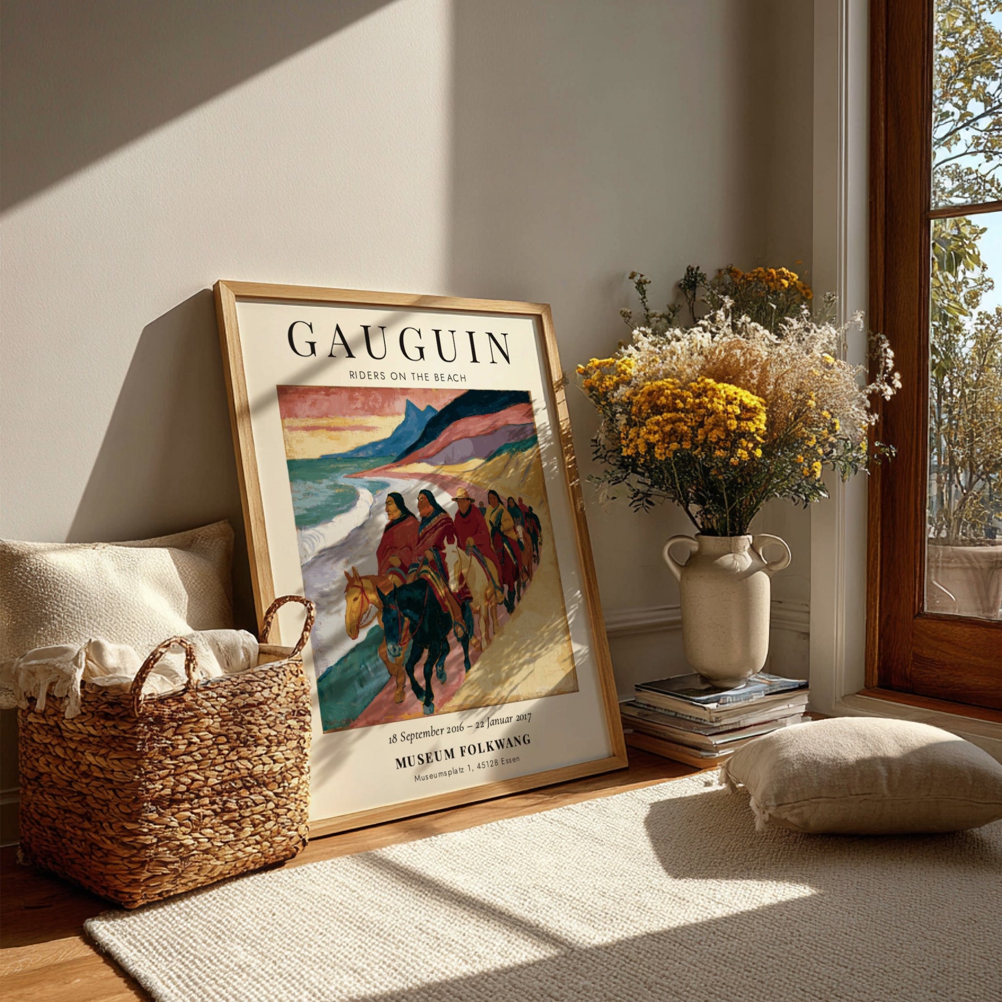 Gauguin exhibition poster featuring Riders on the Beach with vibrant colors and coastal scene