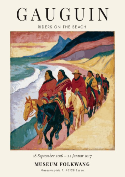 Gauguin exhibition poster featuring Riders on the Beach with vibrant colors and coastal scene