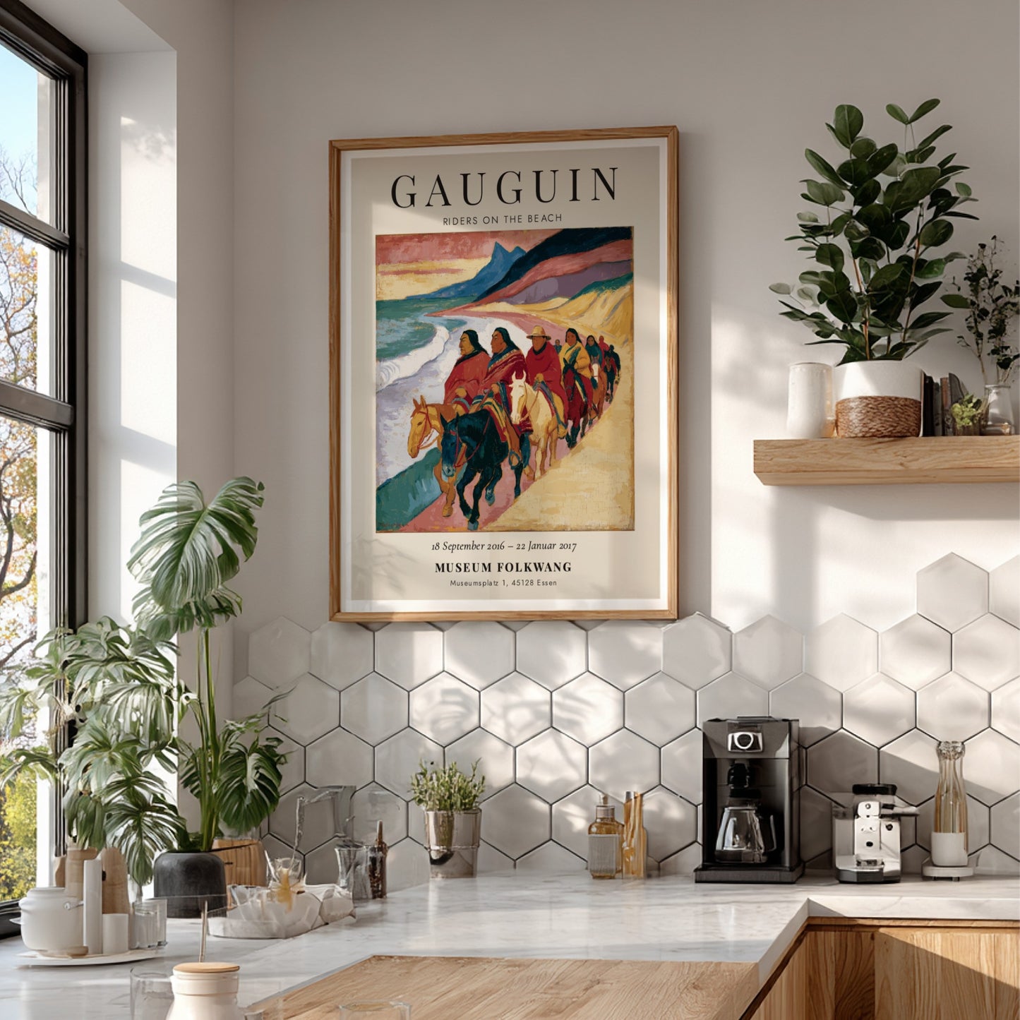Gauguin exhibition poster featuring Riders on the Beach with vibrant colors and coastal scene