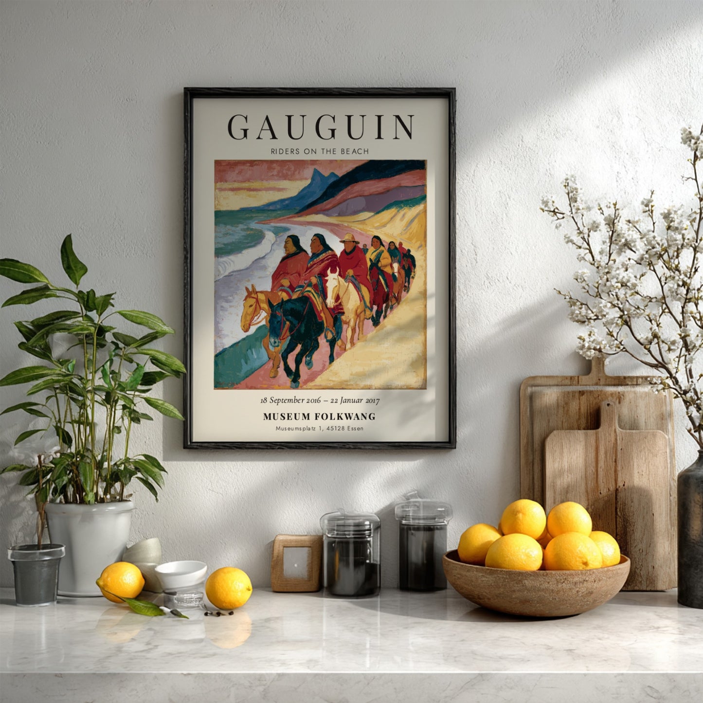 Gauguin exhibition poster featuring Riders on the Beach with vibrant colors and coastal scene