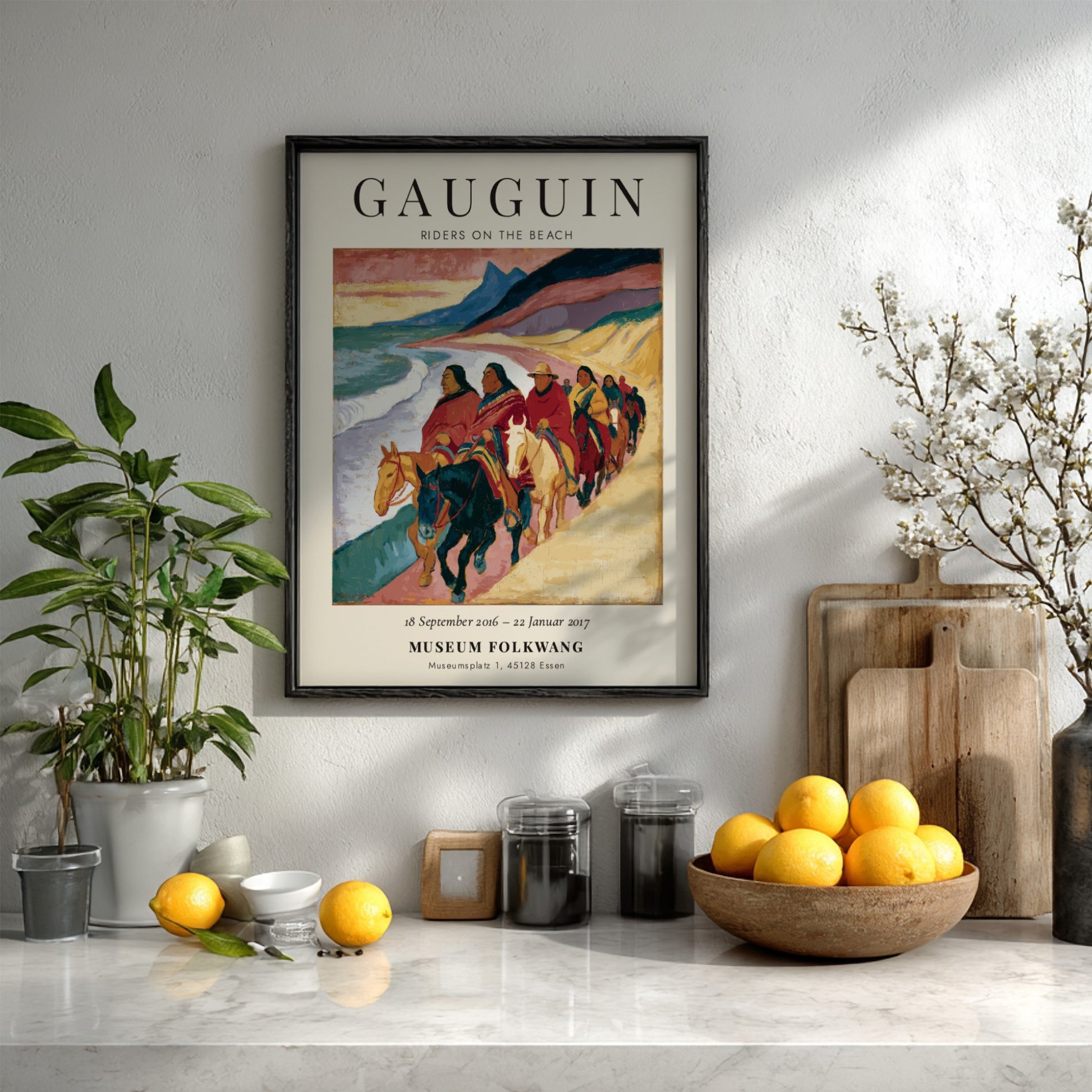 Gauguin exhibition poster featuring Riders on the Beach with vibrant colors and coastal scene