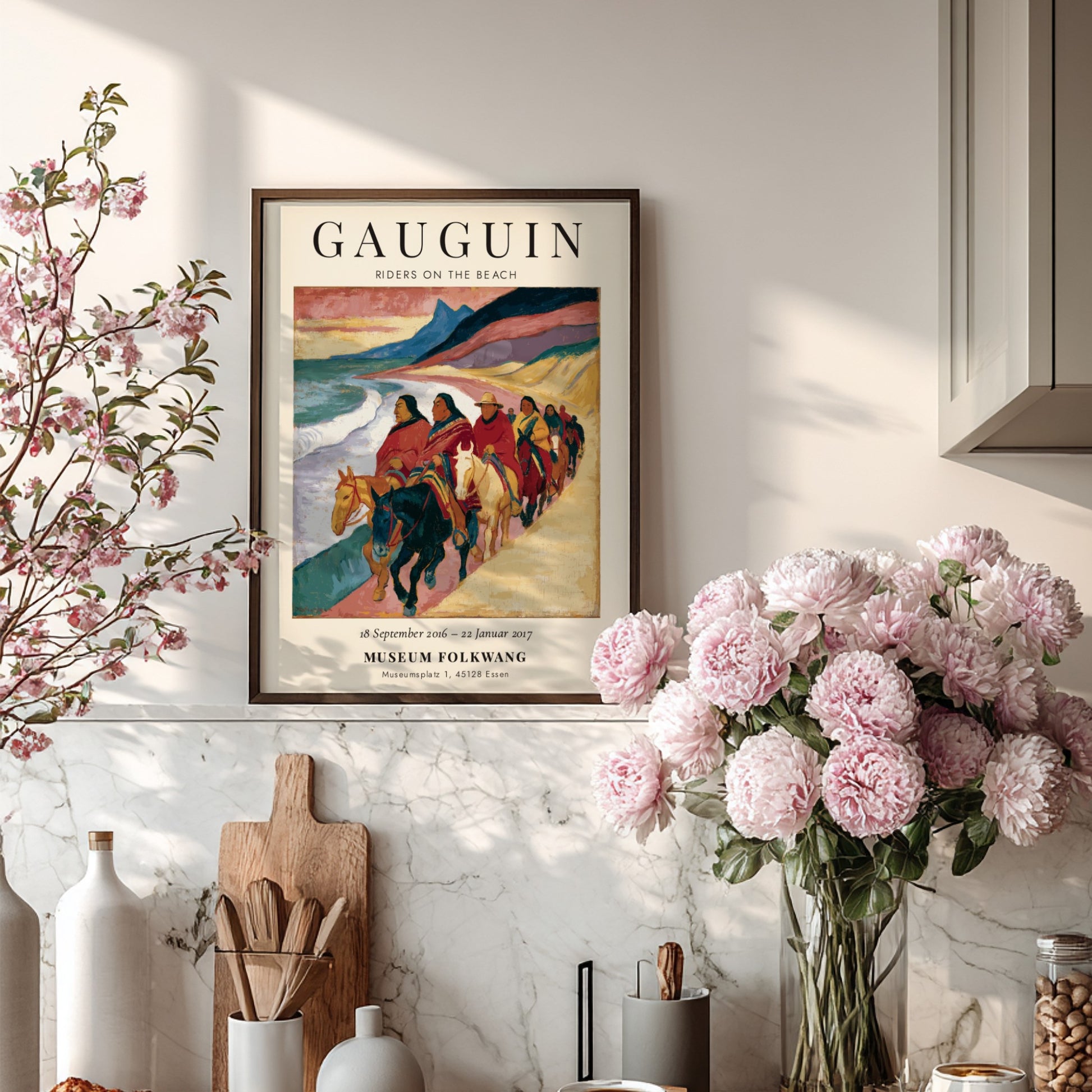 Gauguin exhibition poster featuring Riders on the Beach with vibrant colors and coastal scene