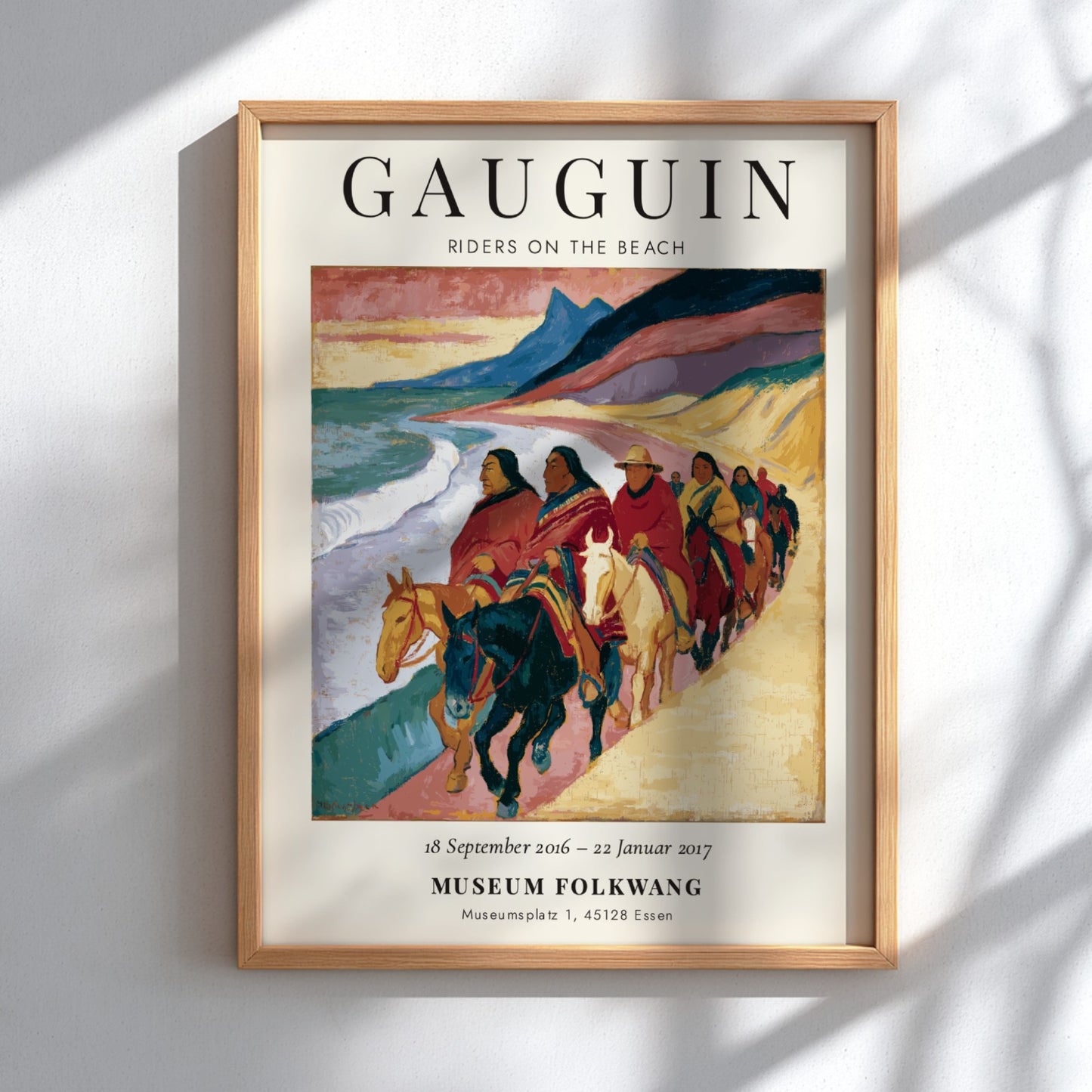 Gauguin exhibition poster featuring Riders on the Beach with vibrant colors and coastal scene