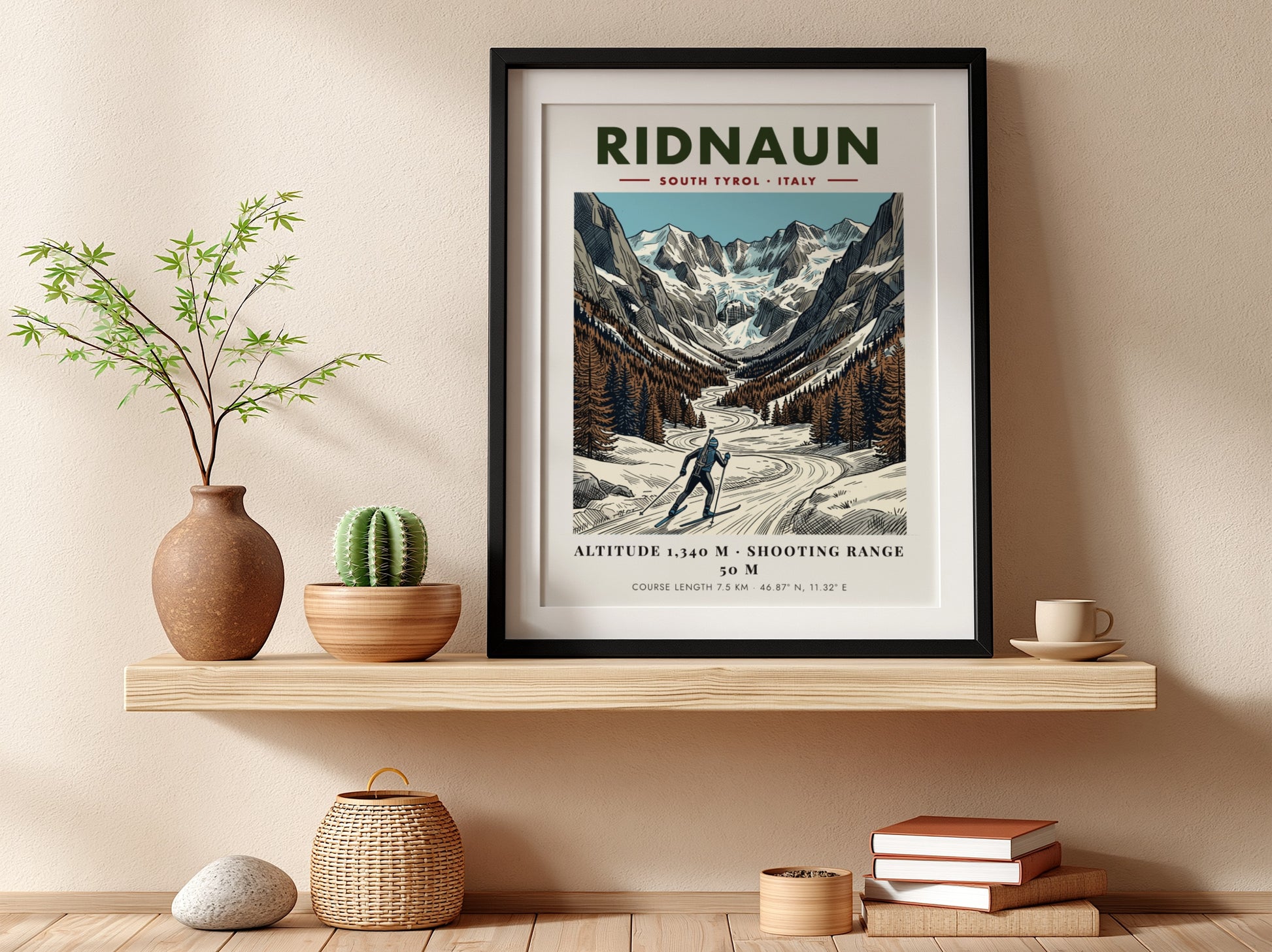 Poster featuring a skier in the Ridnaun valley with snowy mountains and pines.