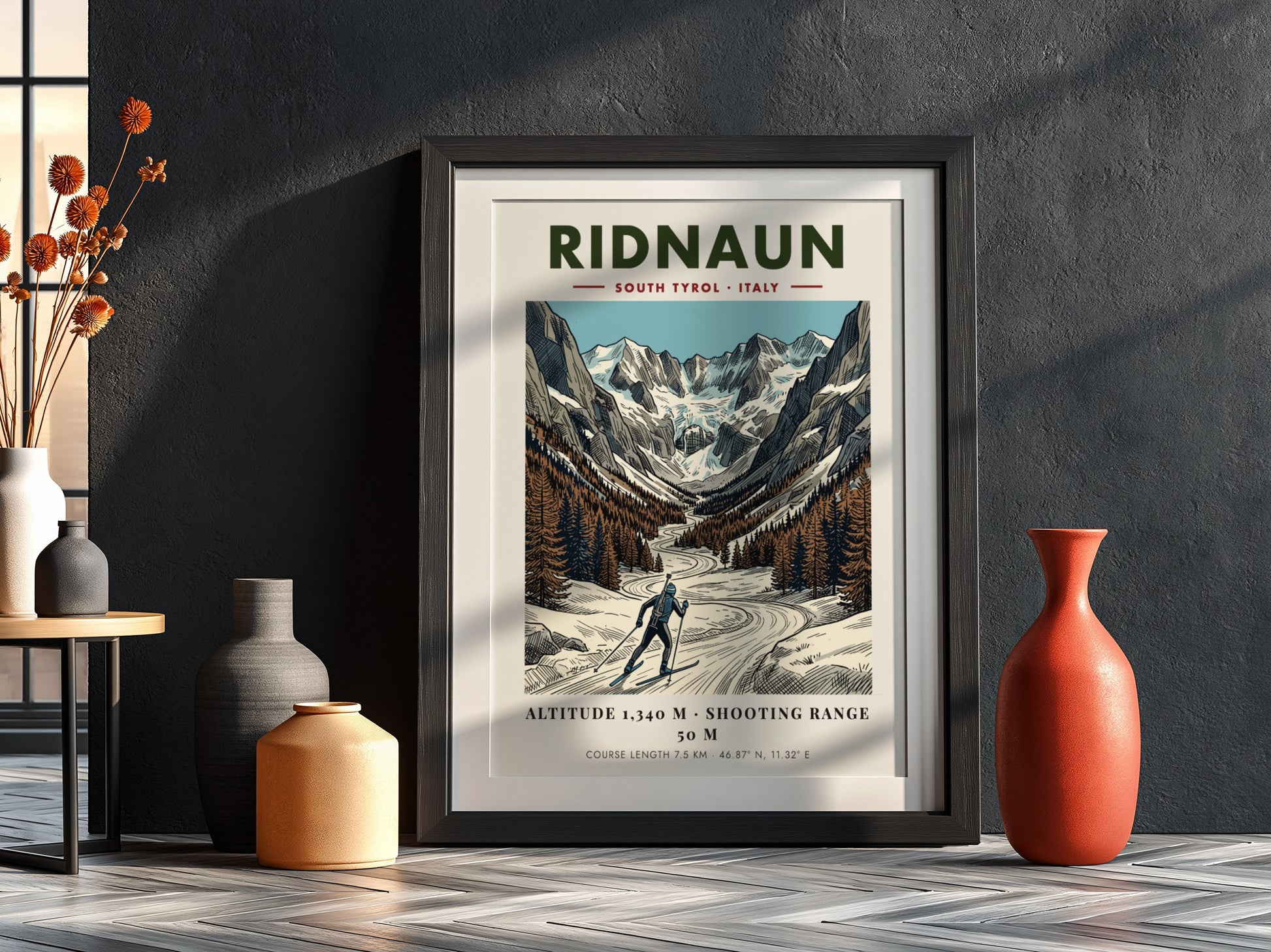 Poster featuring a skier in the Ridnaun valley with snowy mountains and pines.
