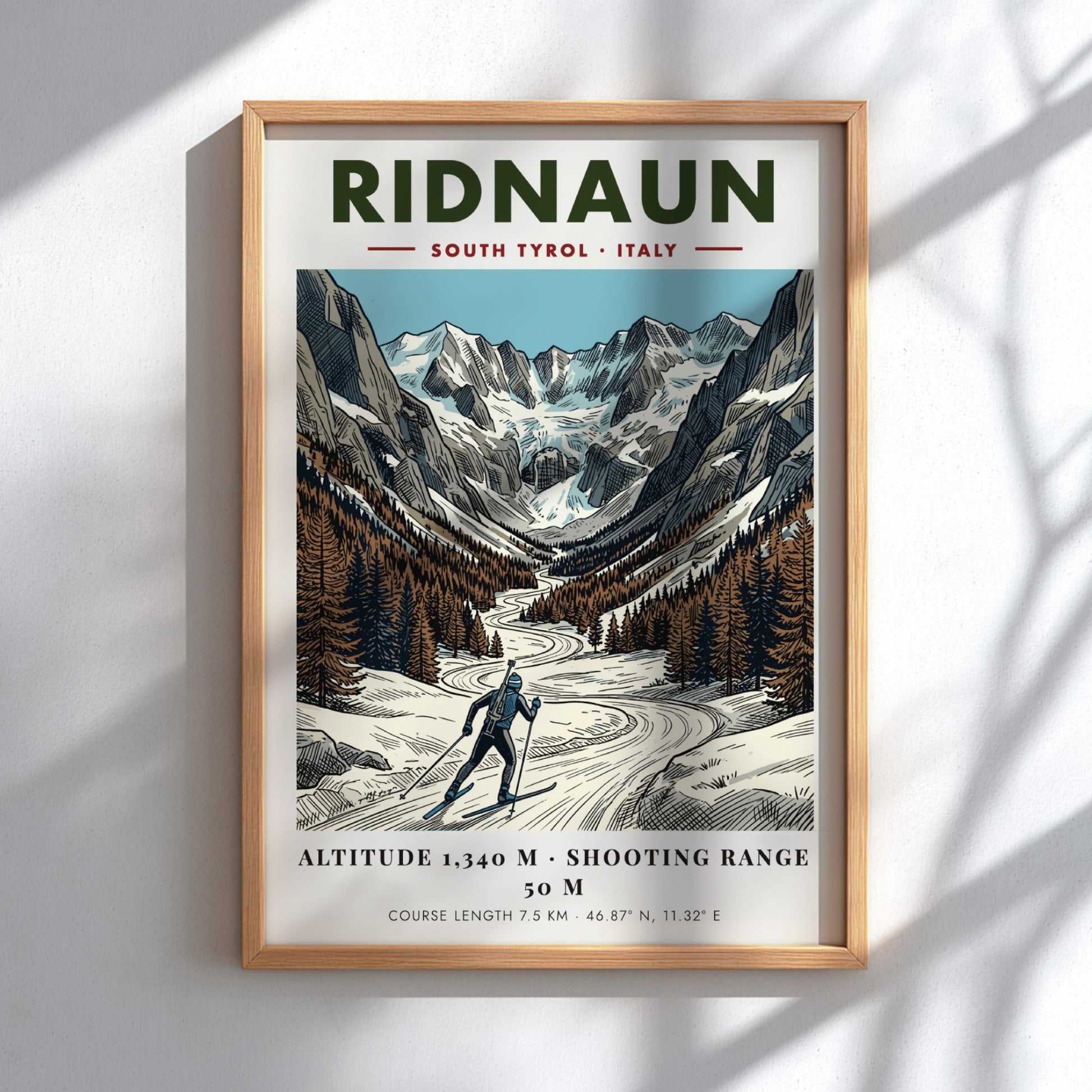 Poster featuring a skier in the Ridnaun valley with snowy mountains and pines.
