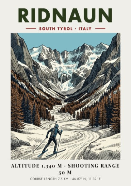 Poster featuring a skier in the Ridnaun valley with snowy mountains and pines.